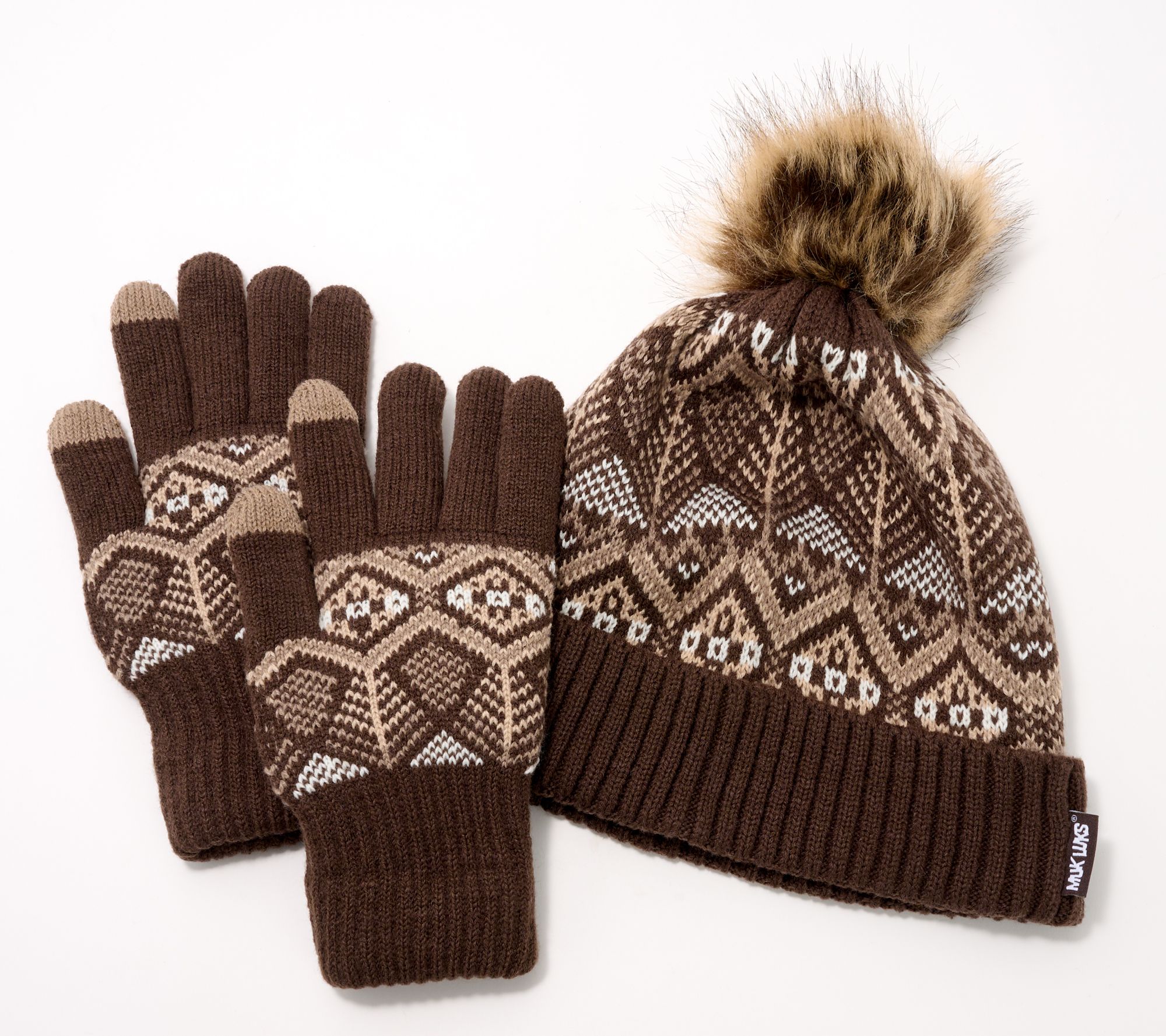 MUK LUKS Heat Retaining Fair Isle Hat & Touch Screen Gloves Set