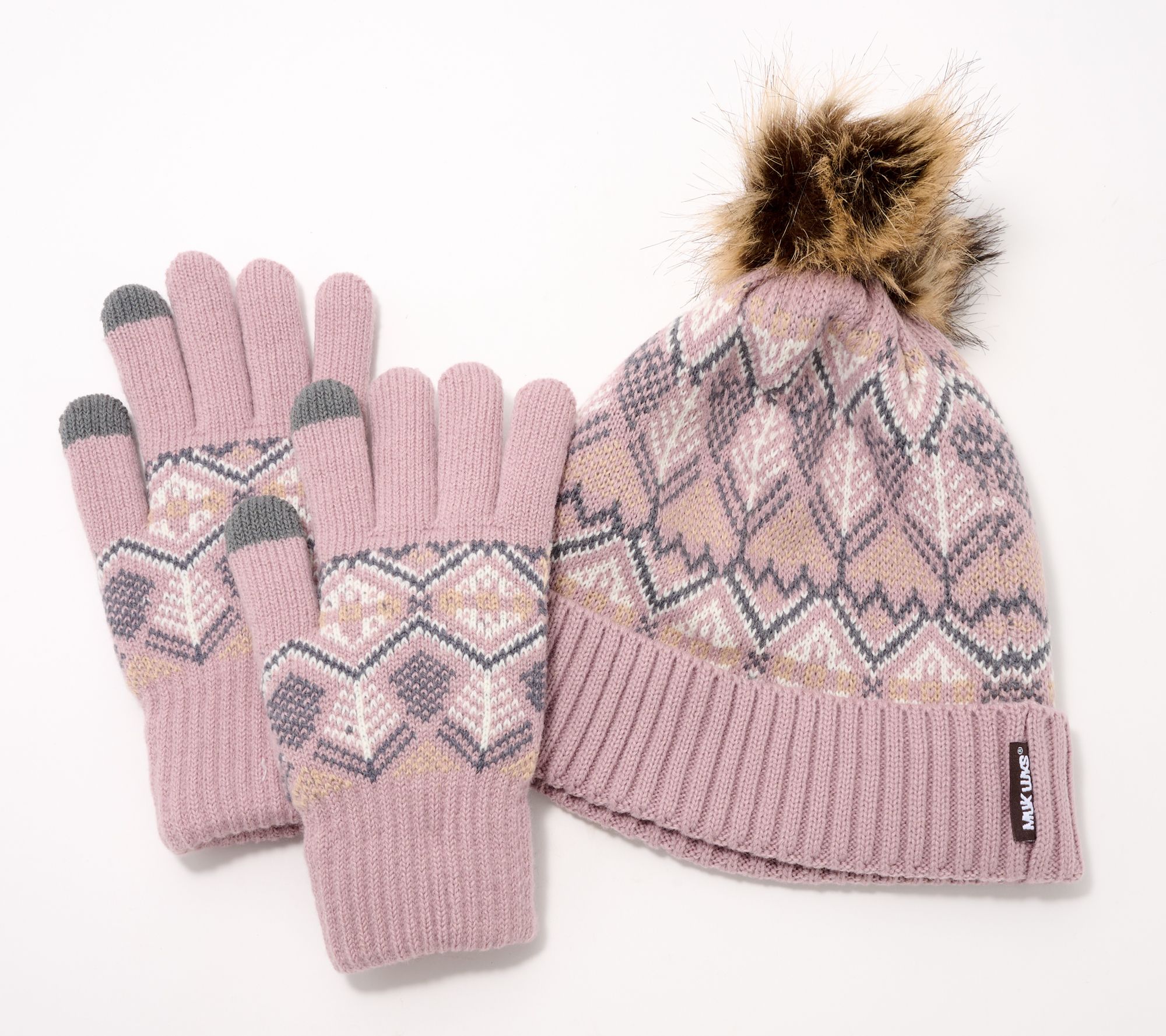 MUK LUKS Heat Retaining Fair Isle Hat & Touch Screen Gloves Set