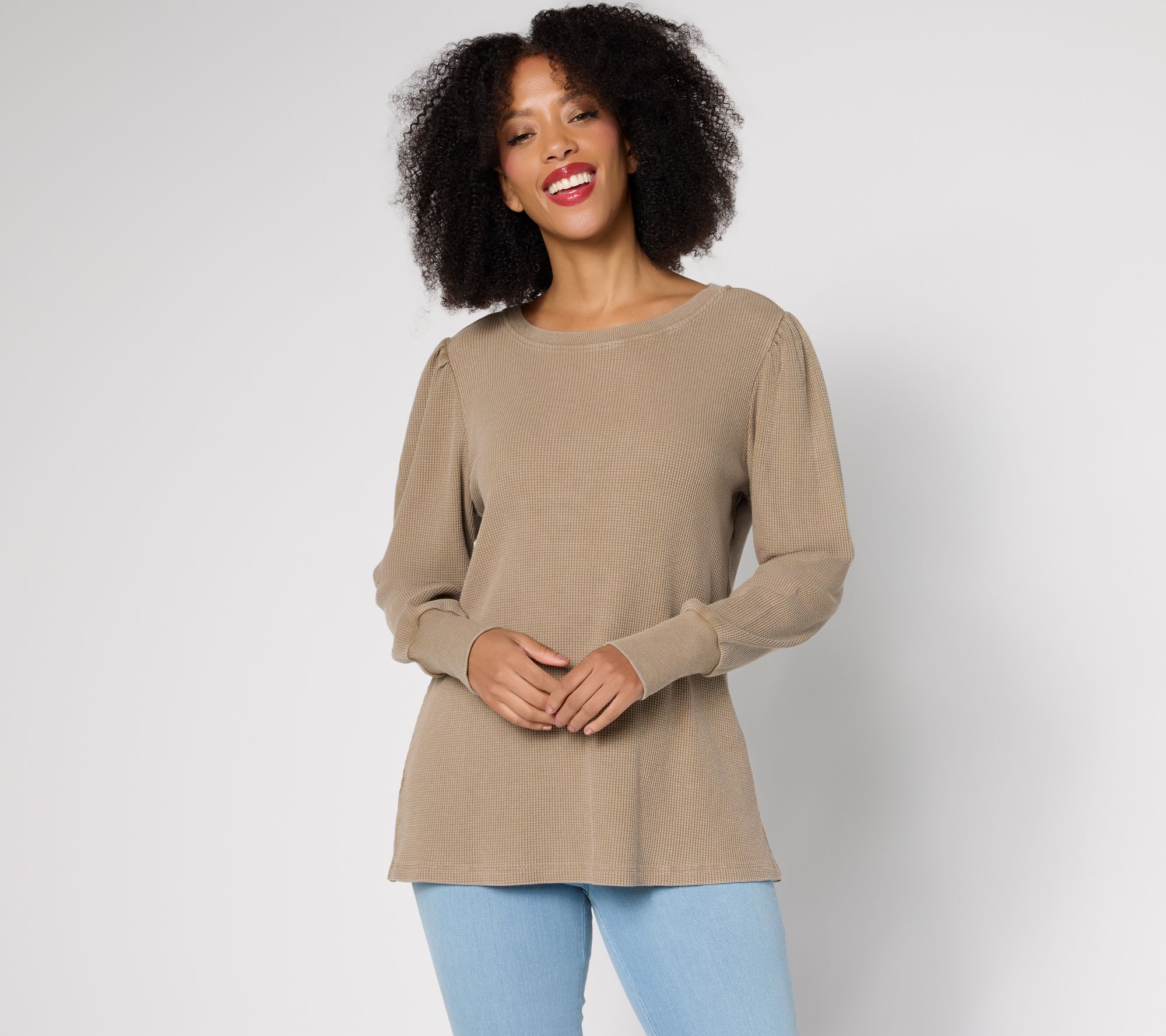 Belle by Kim Gravel Snow Washed Waffle Knit Crew Neck Top