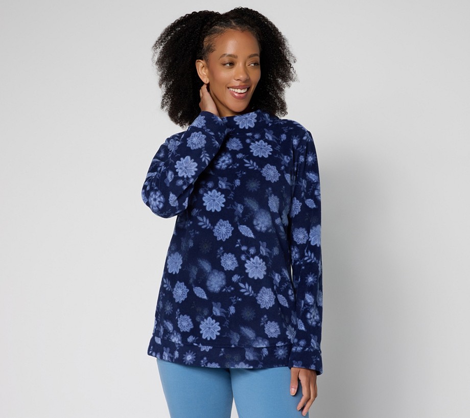 Denim & Co. Printed or Solid Fleece Funnel Neck Top