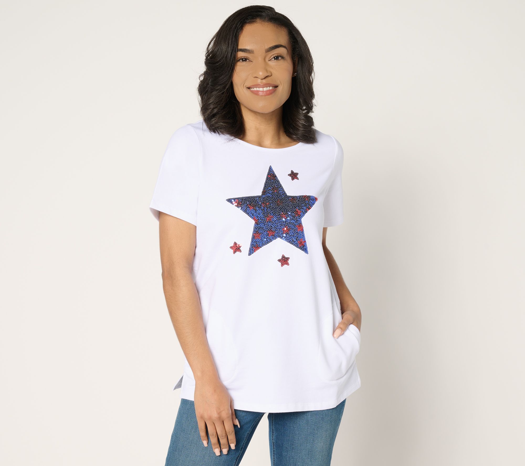 "As Is" Quacker Factory Star Spangled Short Sleeve French Terry Top