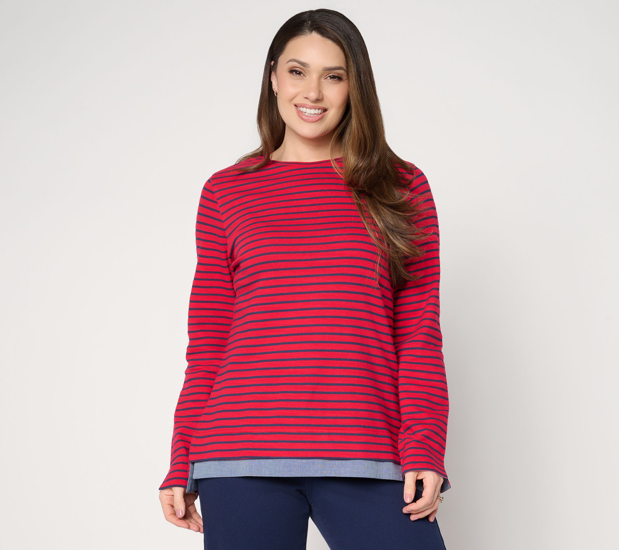 Denim & Co. Striped Textured Cotton & Chambray Twofer Top