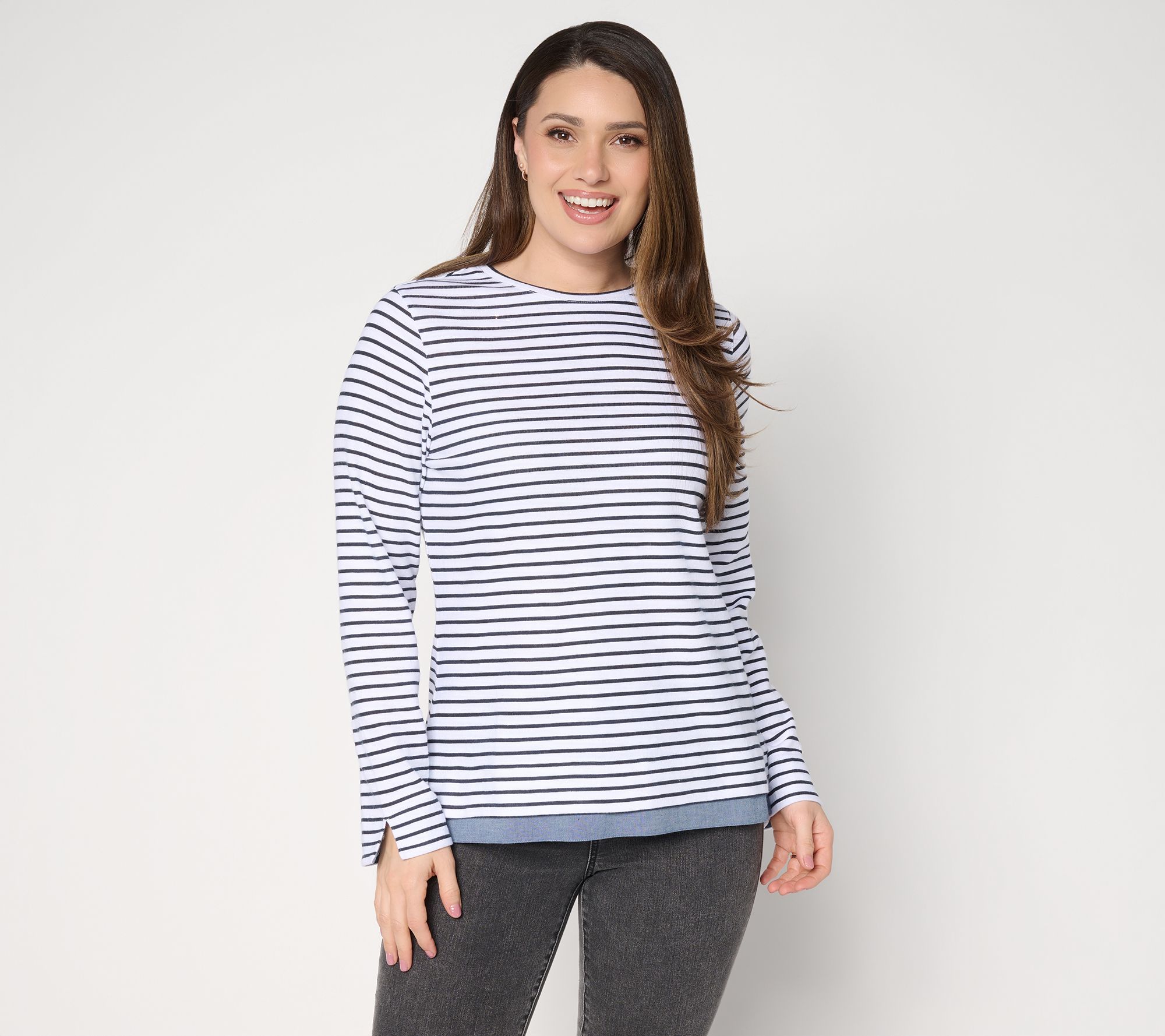 Denim & Co. Striped Textured Cotton & Chambray Twofer Top