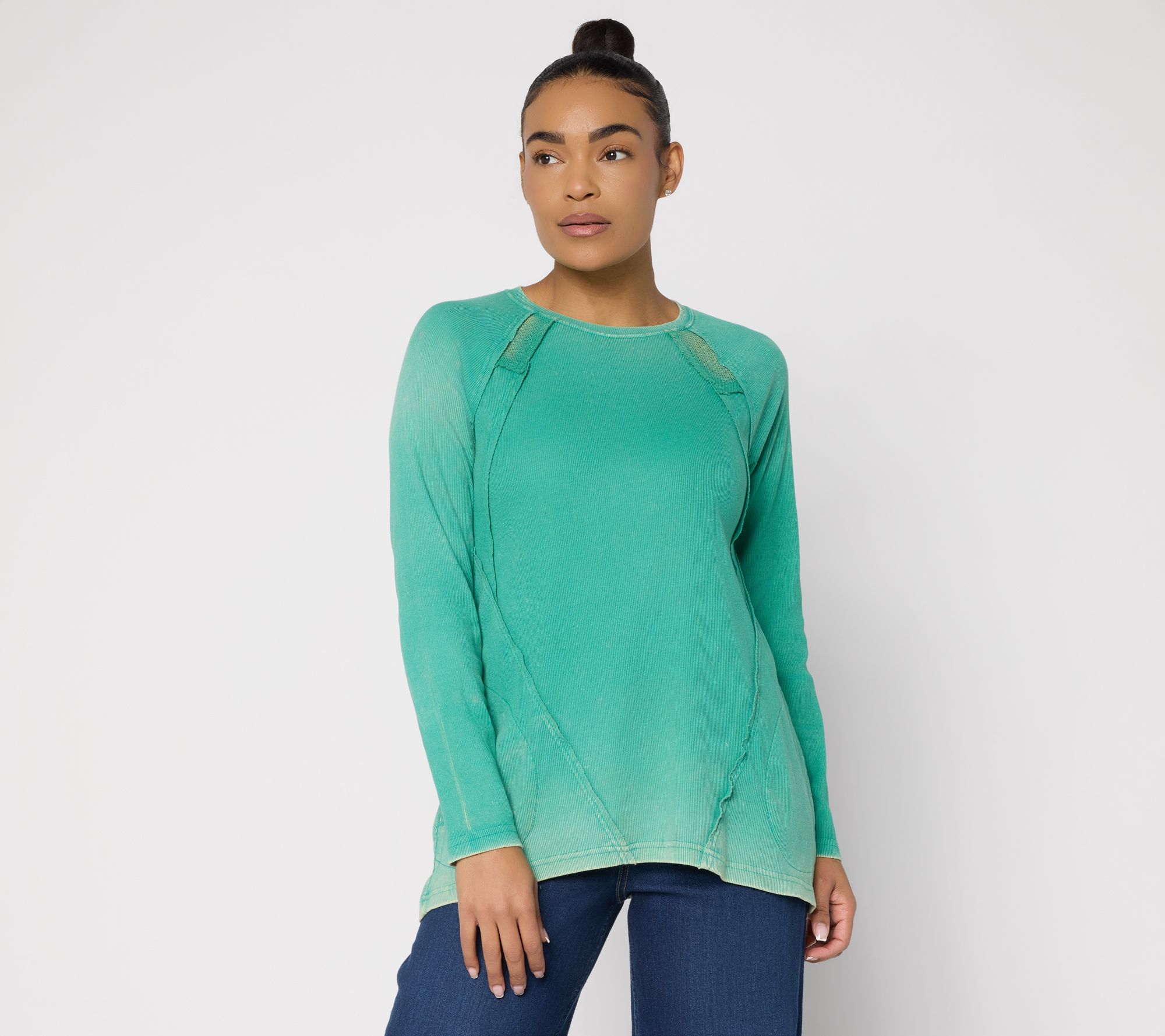 LOGO by Lori Goldsteinq Seam Detail Rib Long Sleeve Overdye Top