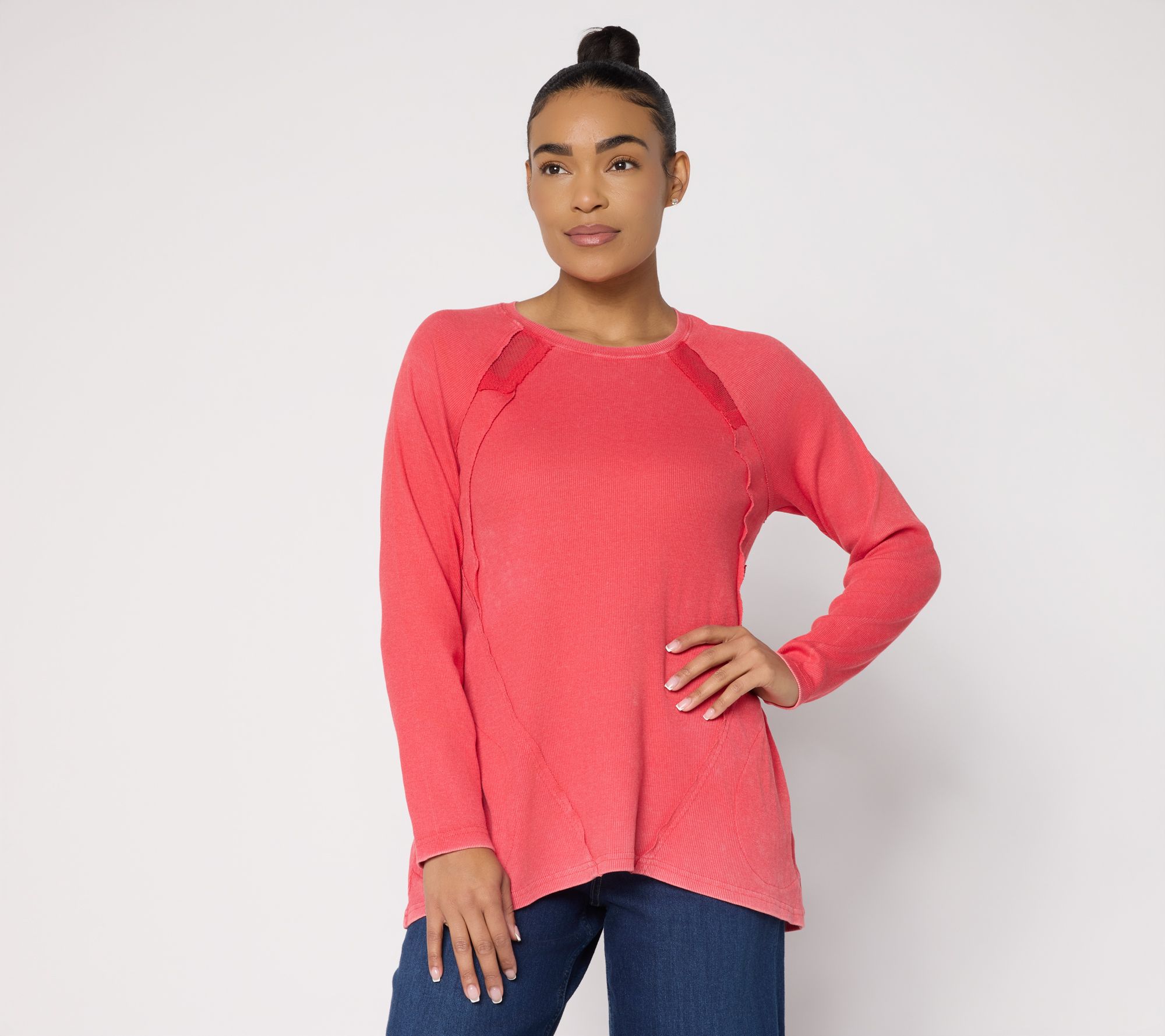 LOGO by Lori Goldsteinq Seam Detail Rib Long Sleeve Overdye Top