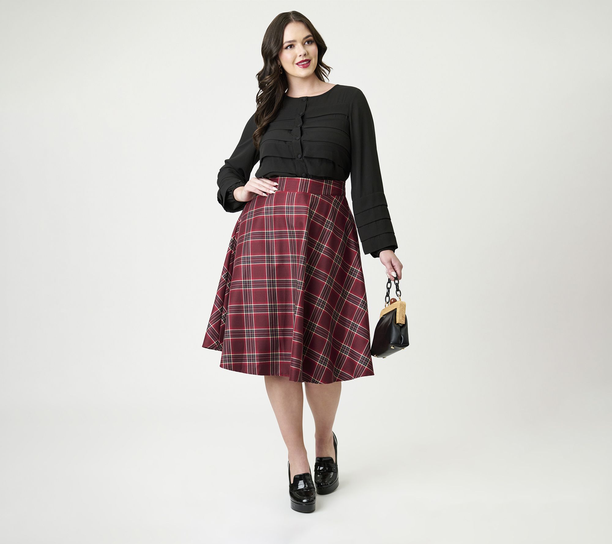 Unique Vintage Burgundy Plaid Vivian Swing Skir t