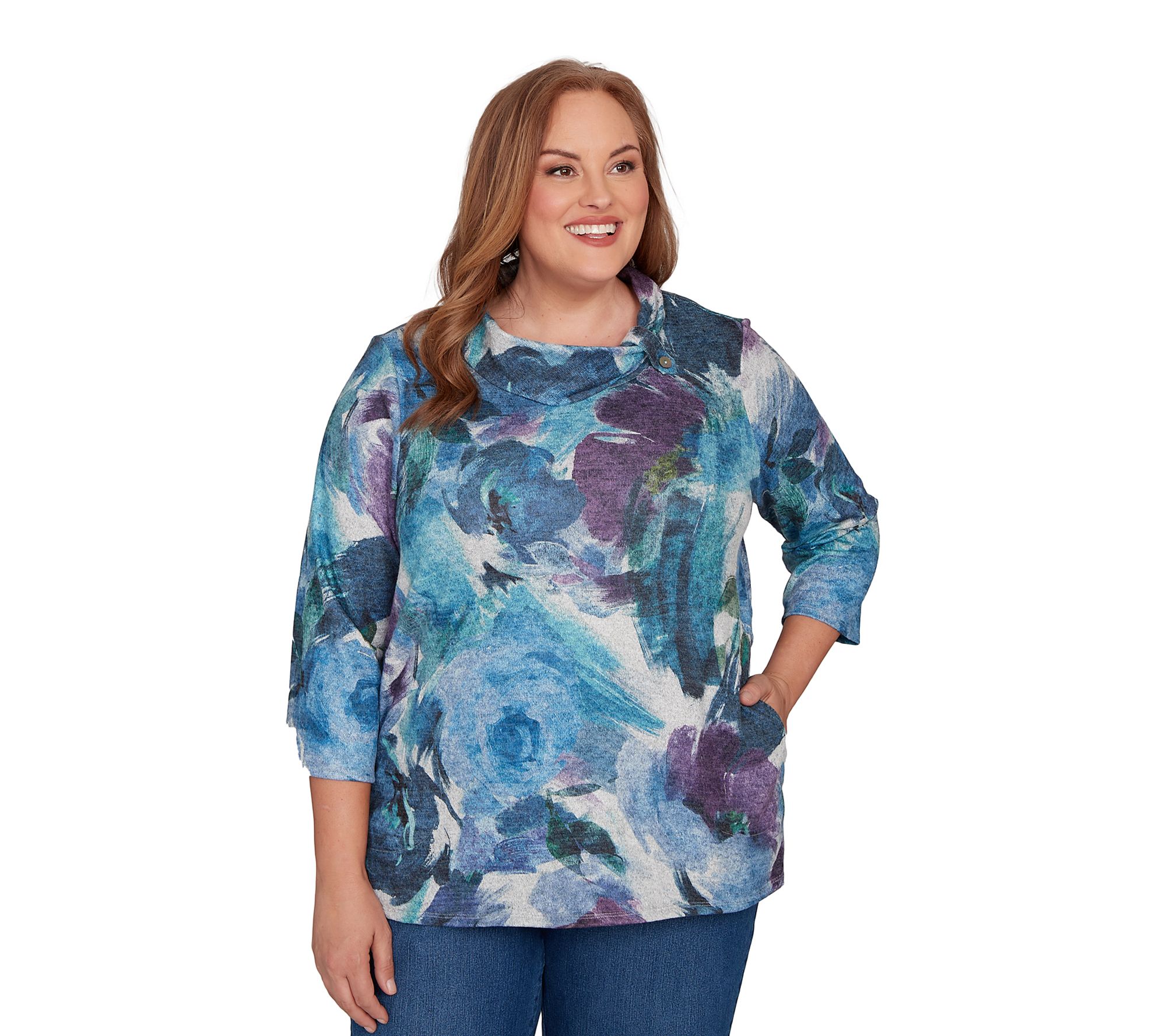 Alfred Dunner Floral Brushstroke Mock Neck Top