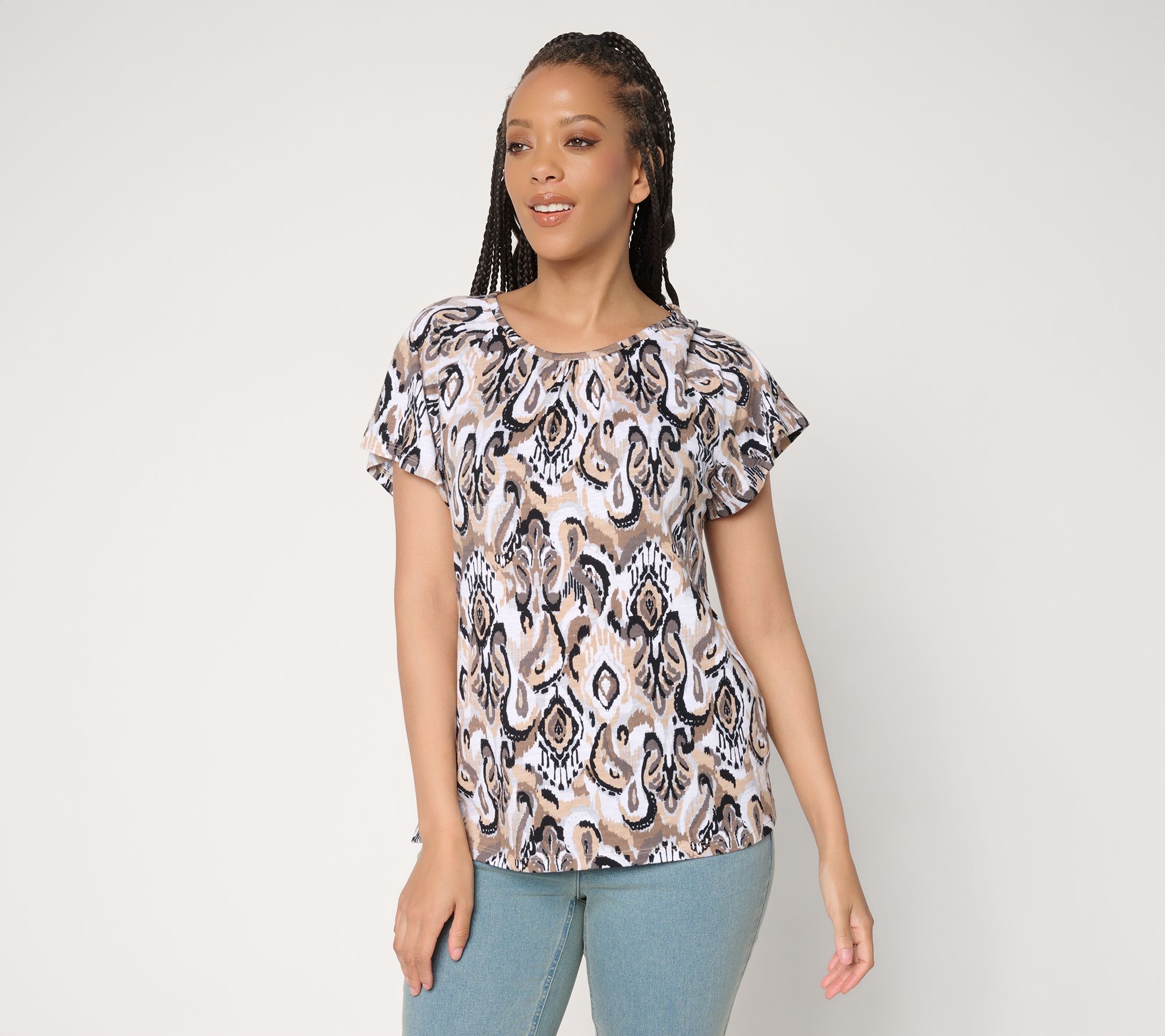 Denim & Co. Printed Linen Blend Flutter Sleeve Top