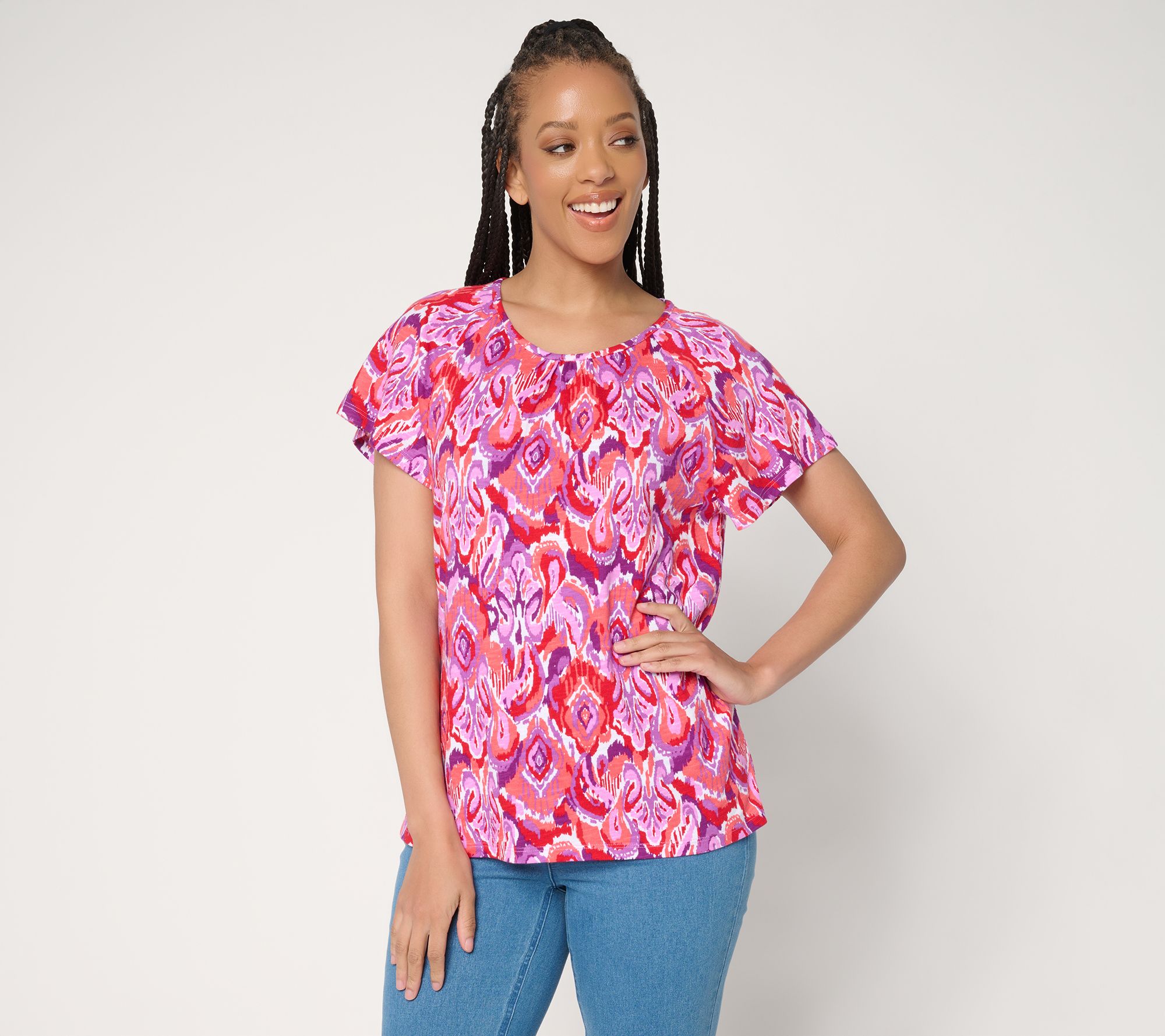 Denim & Co. Printed Linen Blend Flutter Sleeve Top