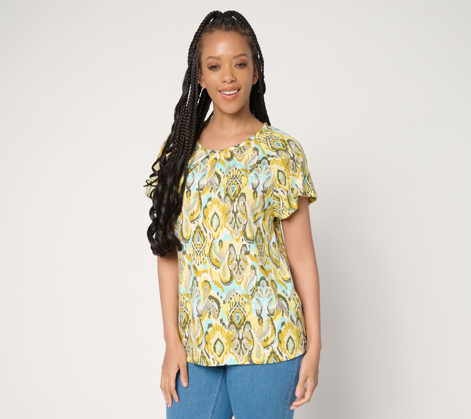 Denim & Co. Printed Linen Blend Flutter Sleeve Top