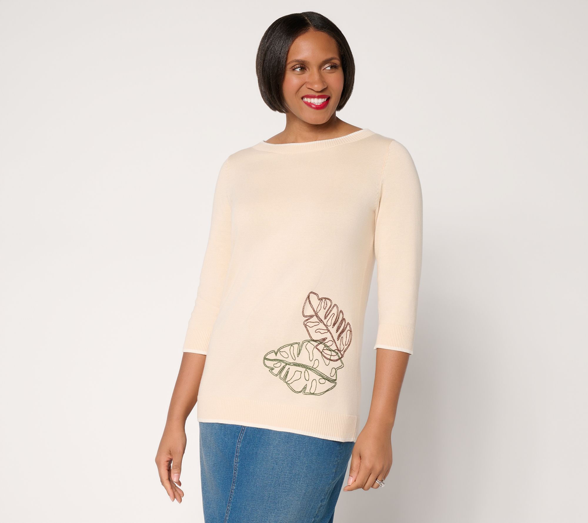 Denim & Co. 100% Cotton Boat Neck Sweater with Motif