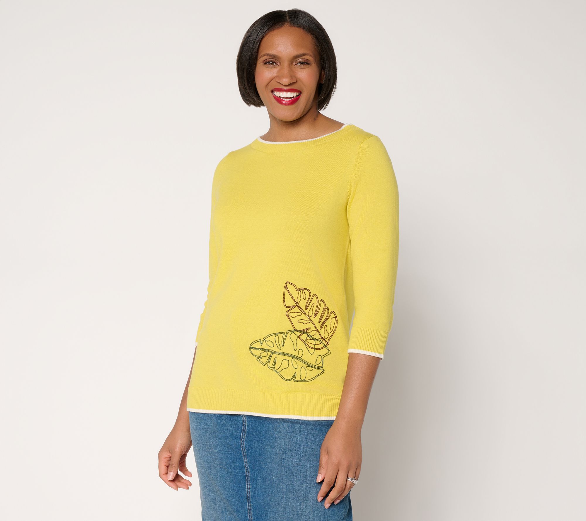 Denim & Co. 100% Cotton Boat Neck Sweater with Motif