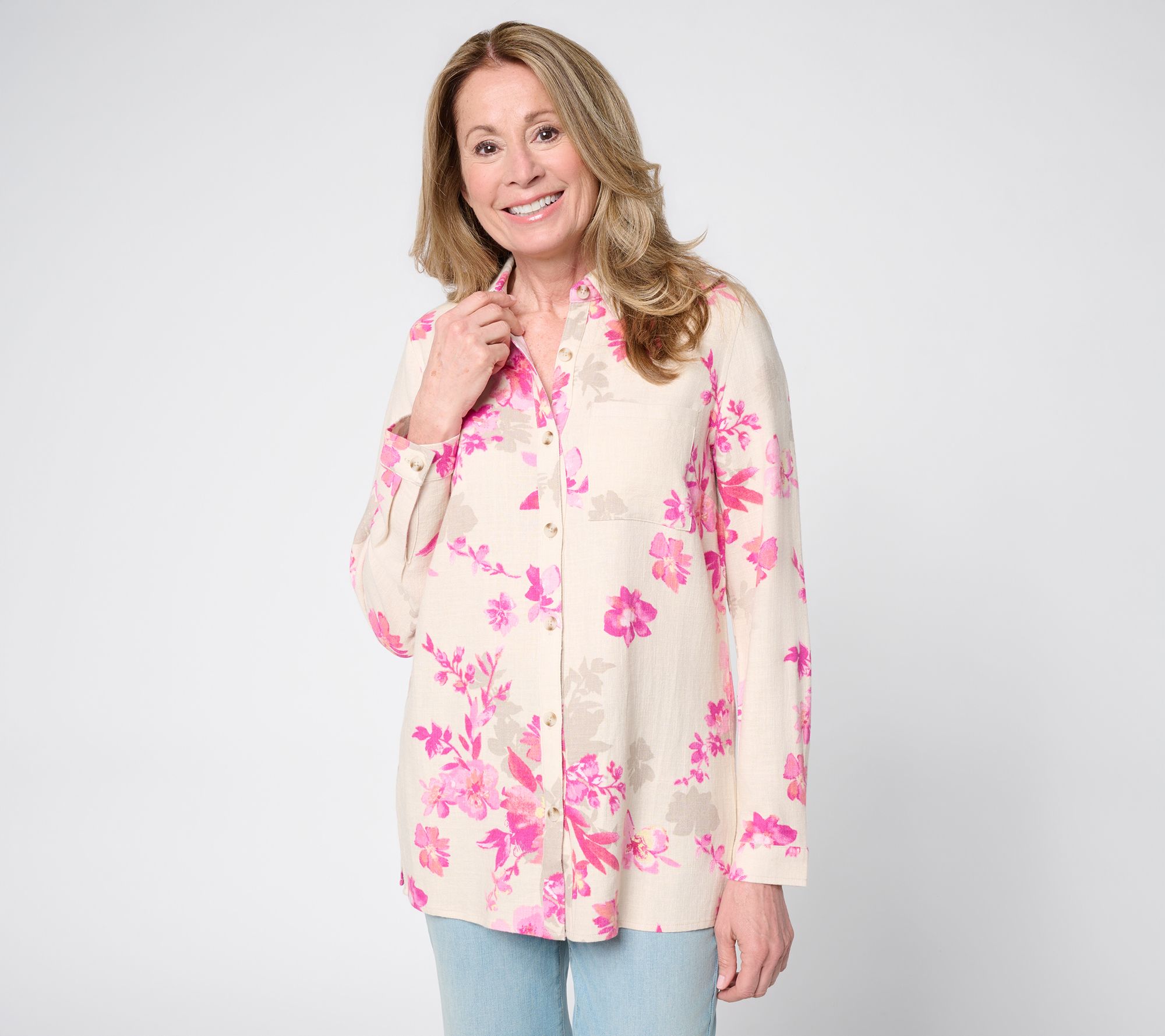 Belle by Kim Gravel Petite Riviera Linen Garden Floral Big Shirt