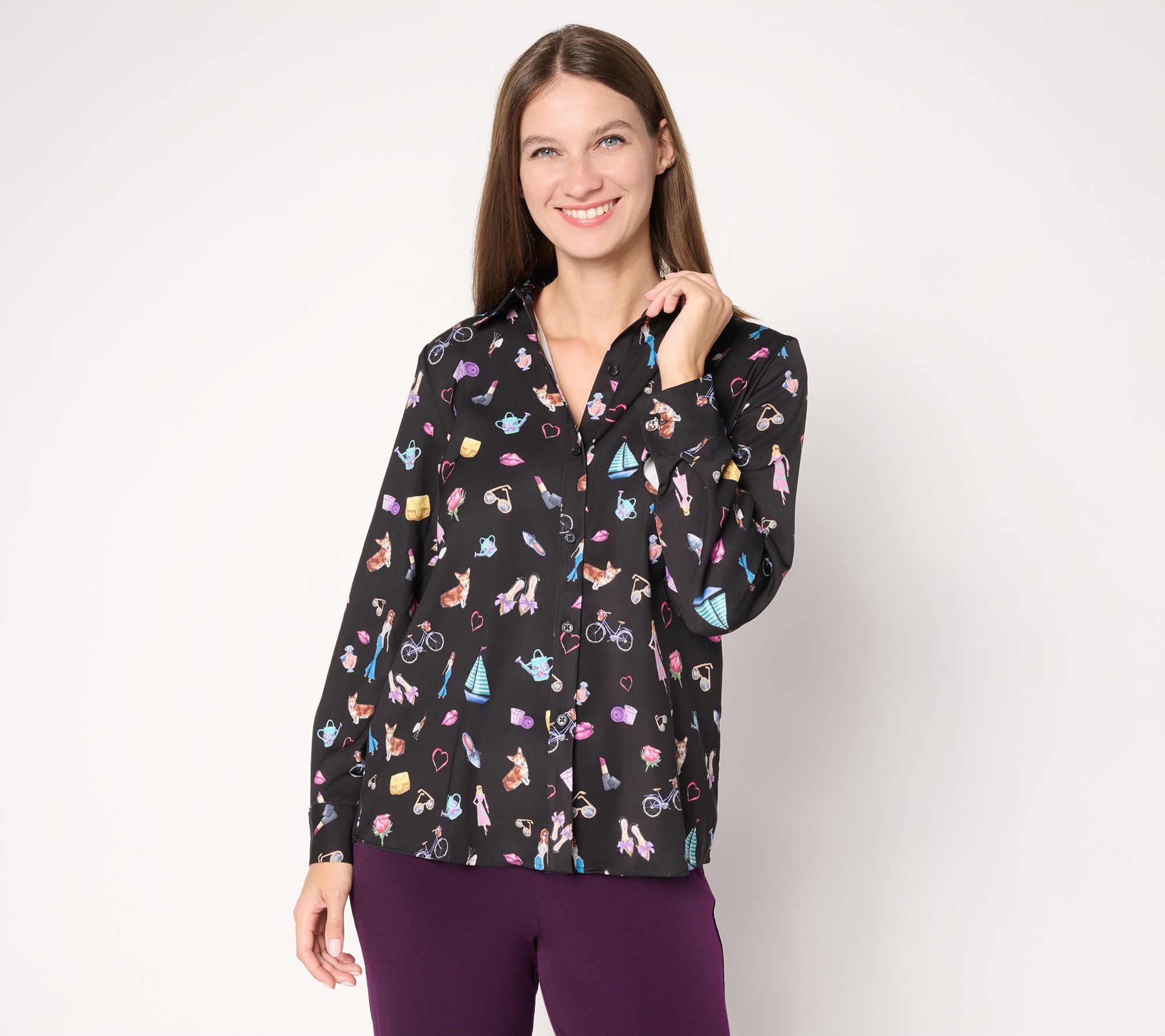 "As Is" Susan Graver Printed Stretch Peachskin Button Shirt