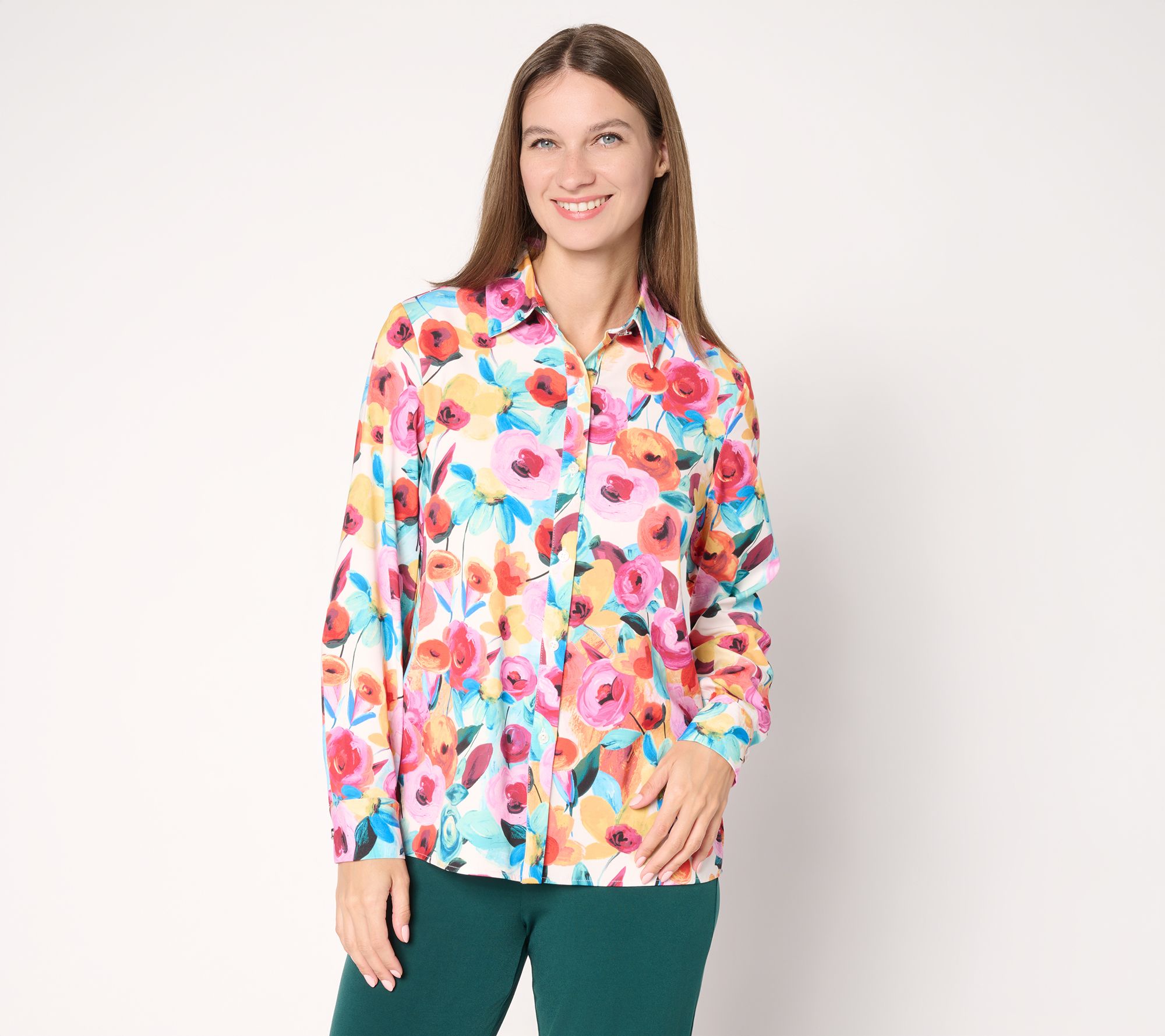 "As Is" Susan Graver Printed Stretch Peachskin Button Shirt