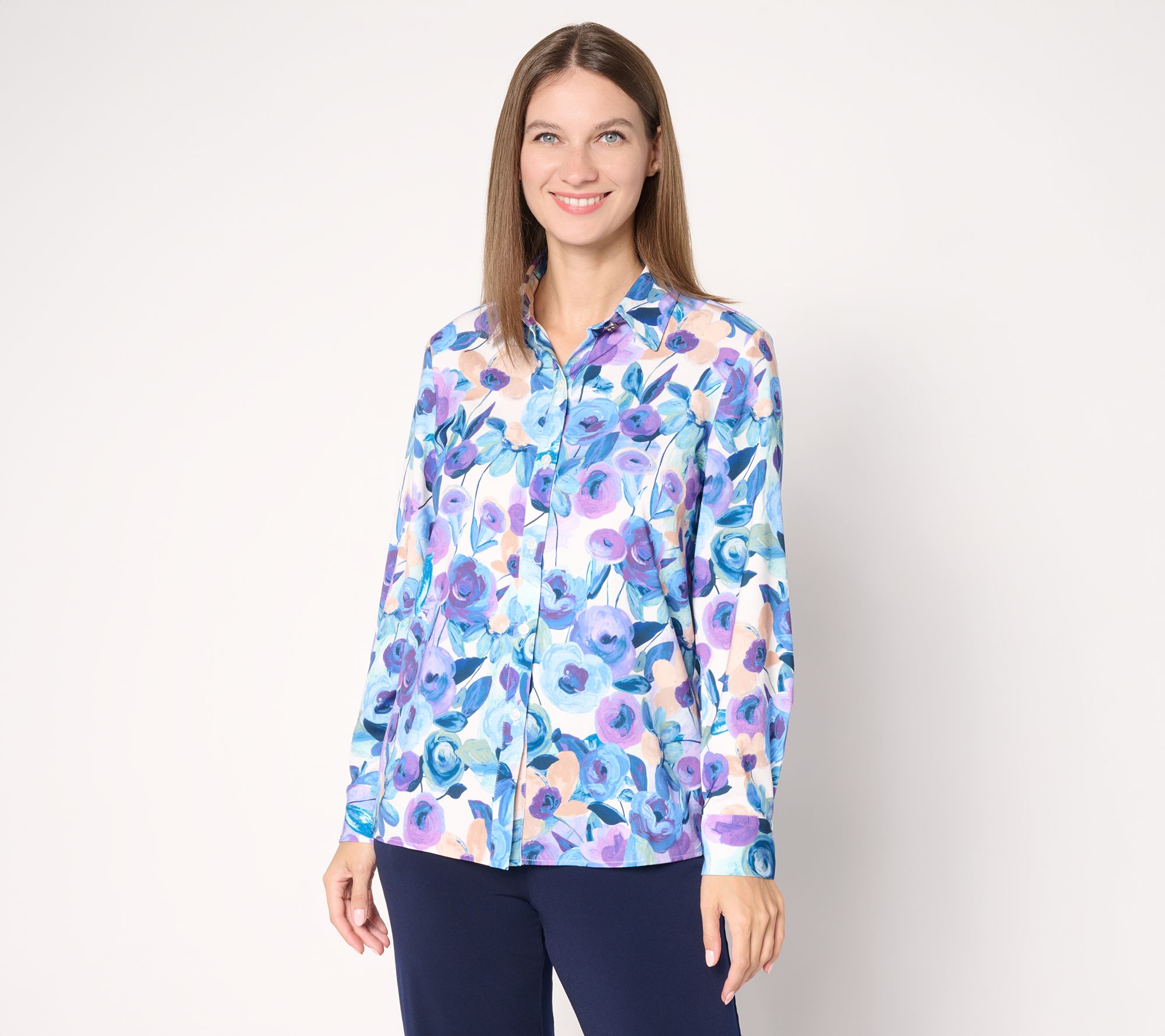 "As Is" Susan Graver Printed Stretch Peachskin Button Shirt