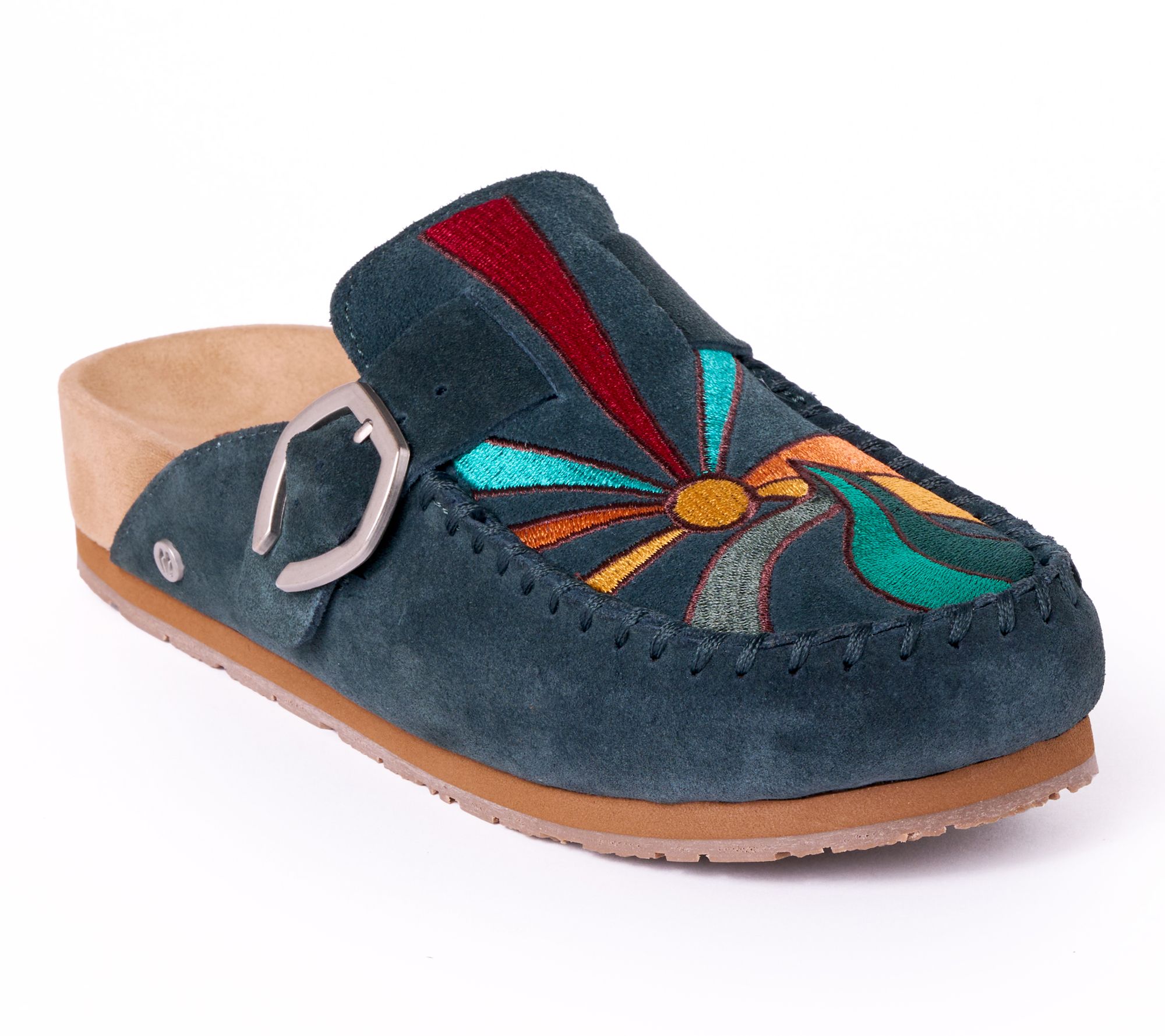 Minnetonka Women's Suede Embroidered Buckle Clog