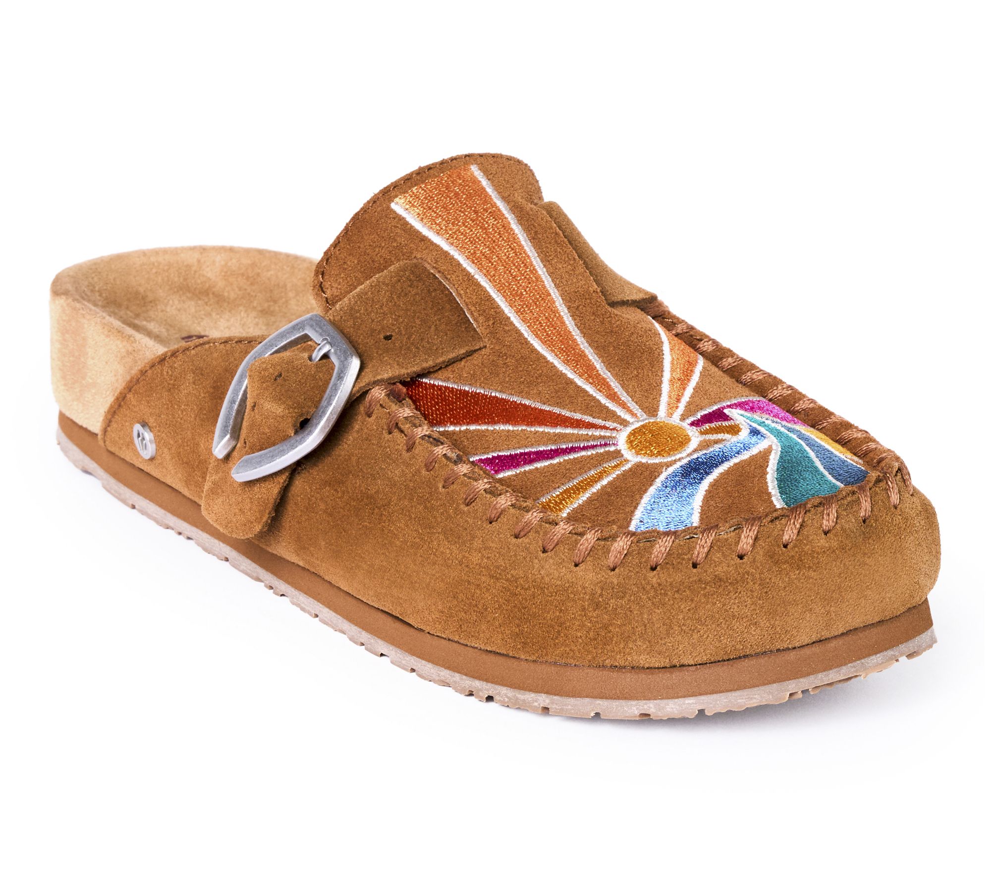 Minnetonka Women's Suede Embroidered Buckle Clog