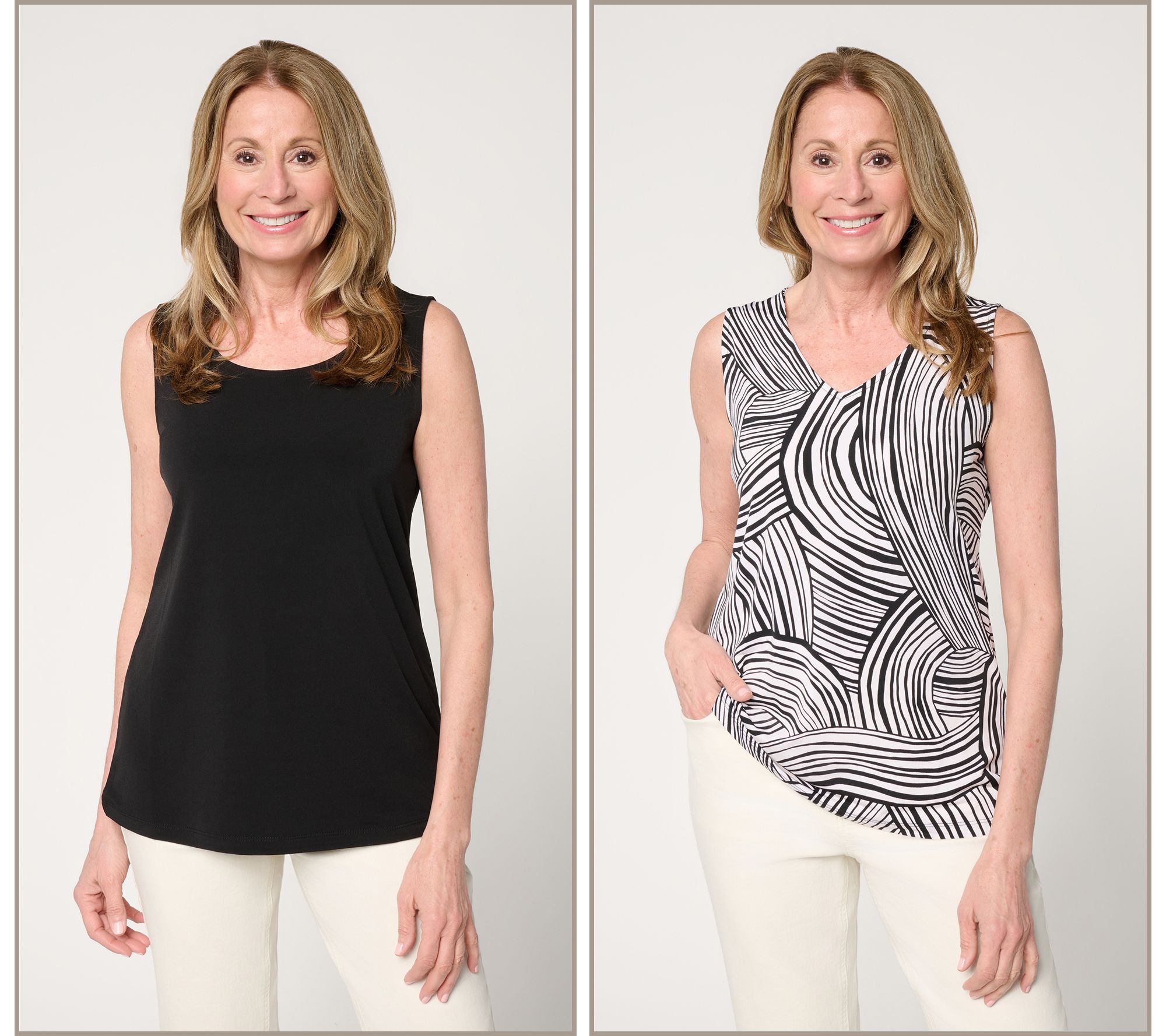 Susan Graver Print & Solid Liquid Knit Set of 2 Tank Tops
