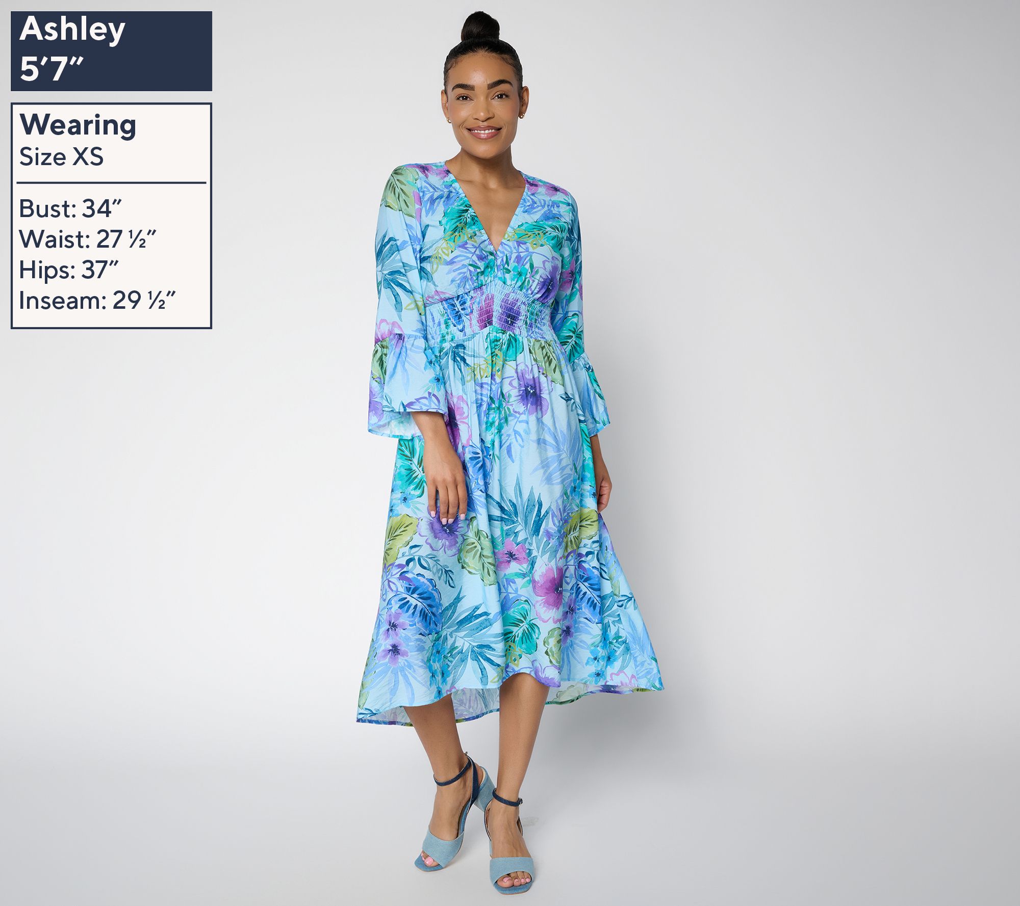 Susan Graver Printed Dolce Woven Smocked Waist Midi Dress | QVC
