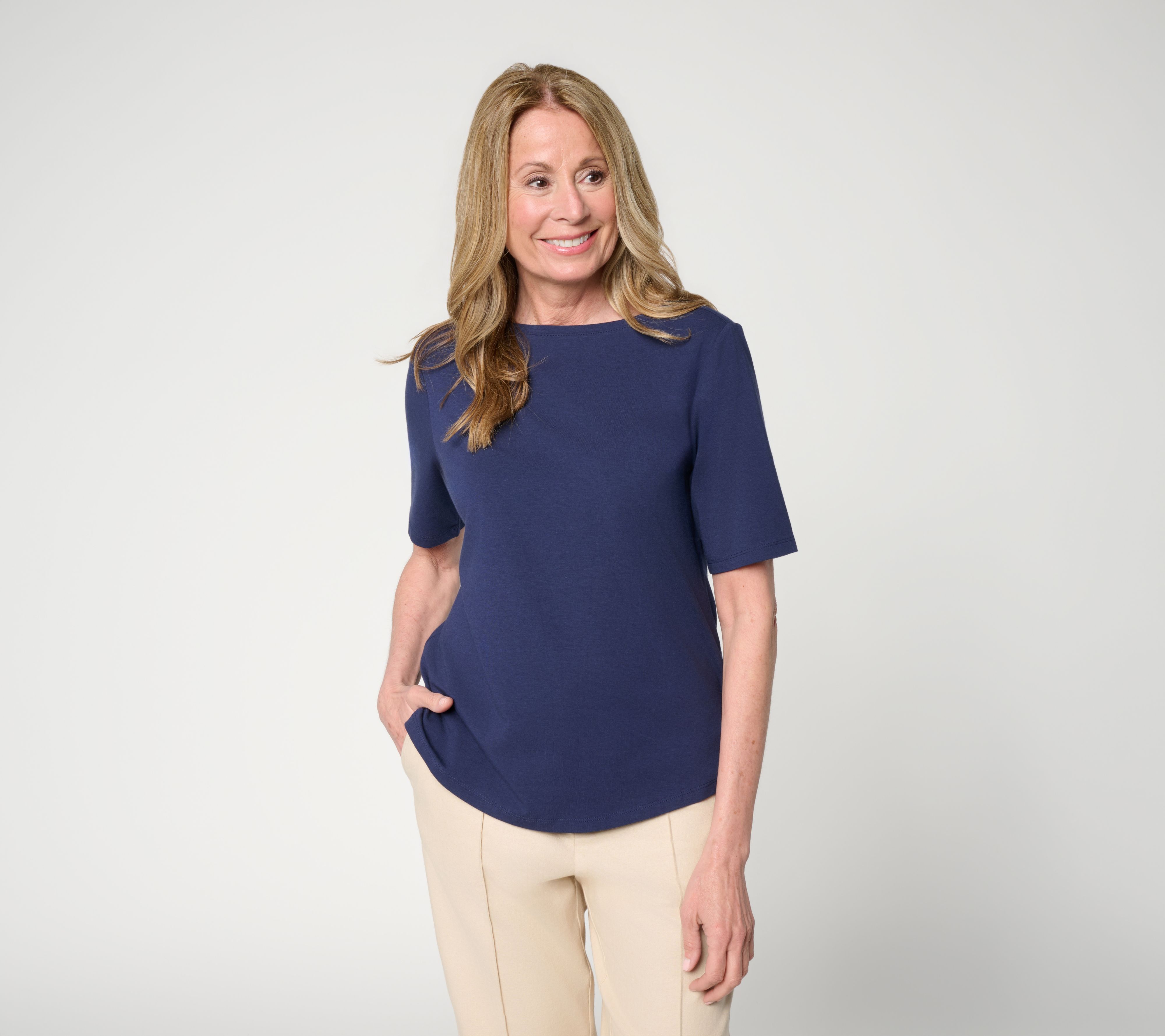 BEAUTIFUL by Lawrence Zarian Classic Knit Boat Neck Elbow Sleeve Top
