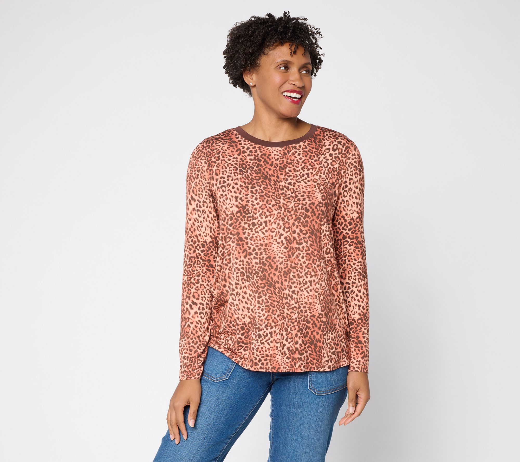 "As Is" LOGO by Lori Goldstein Animal Print Solid Collar Long Sleeve Top