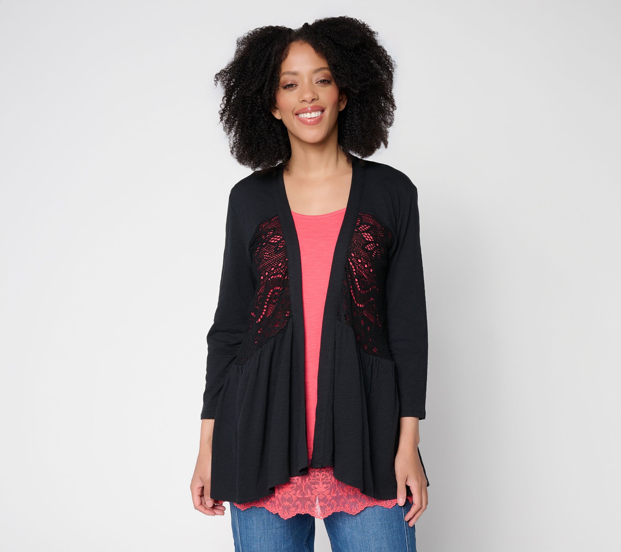 "As Is" LOGO by Lori Goldstein Mixed Media Cotton and Lace Cardigan