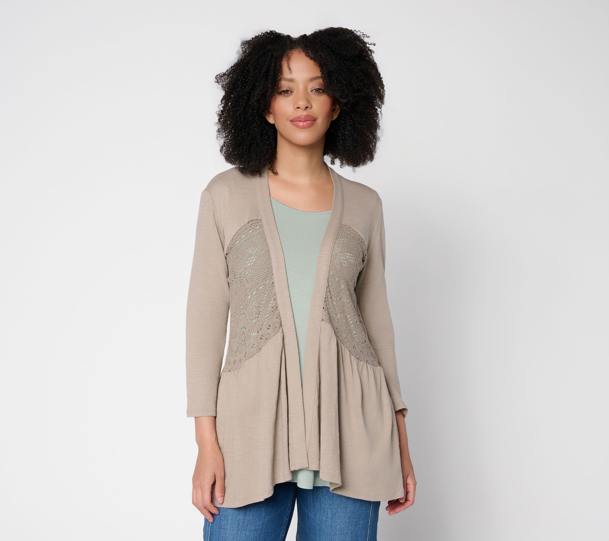 "As Is" LOGO by Lori Goldstein Mixed Media Cotton and Lace Cardigan