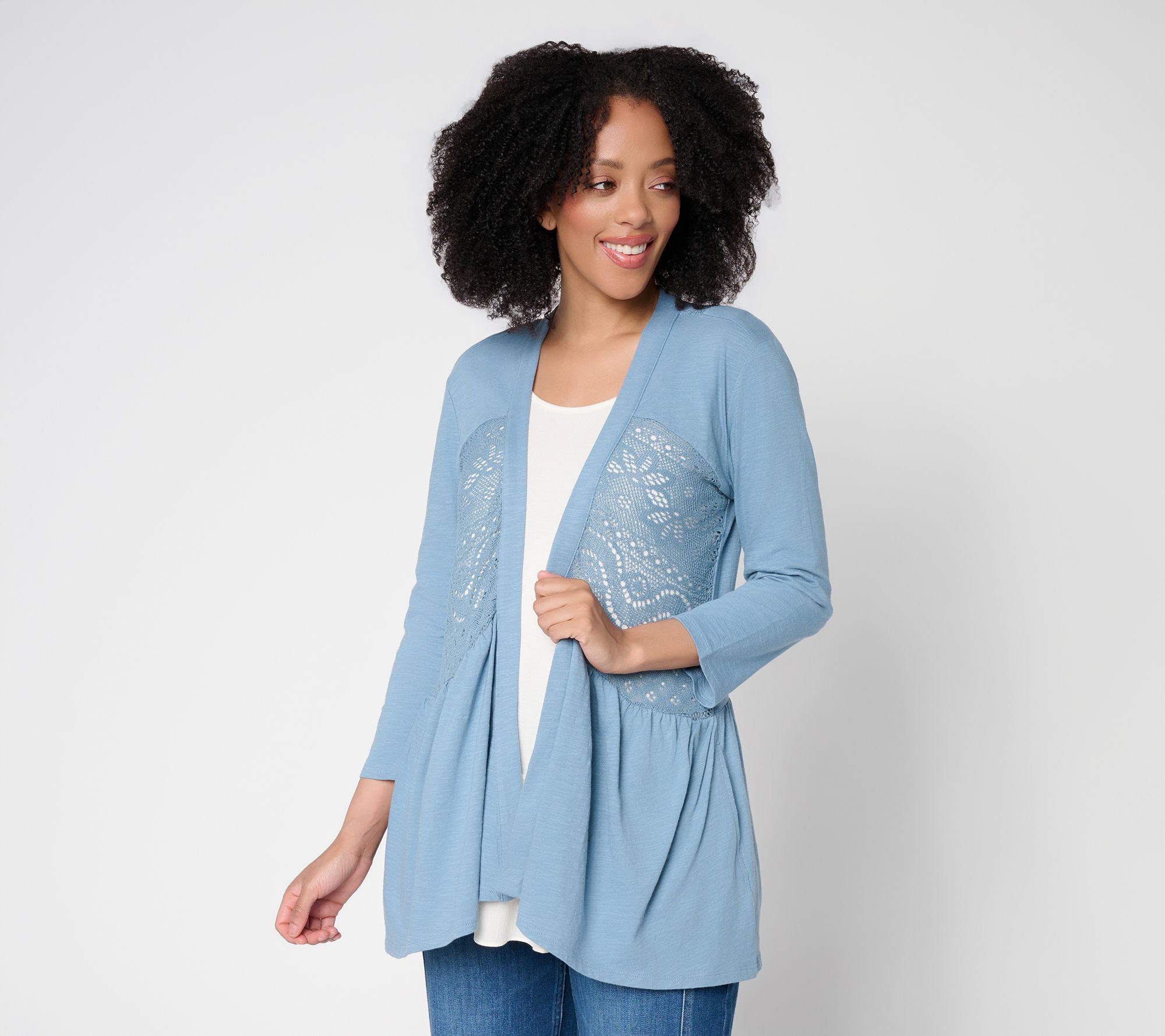 "As Is" LOGO by Lori Goldstein Mixed Media Cotton and Lace Cardigan