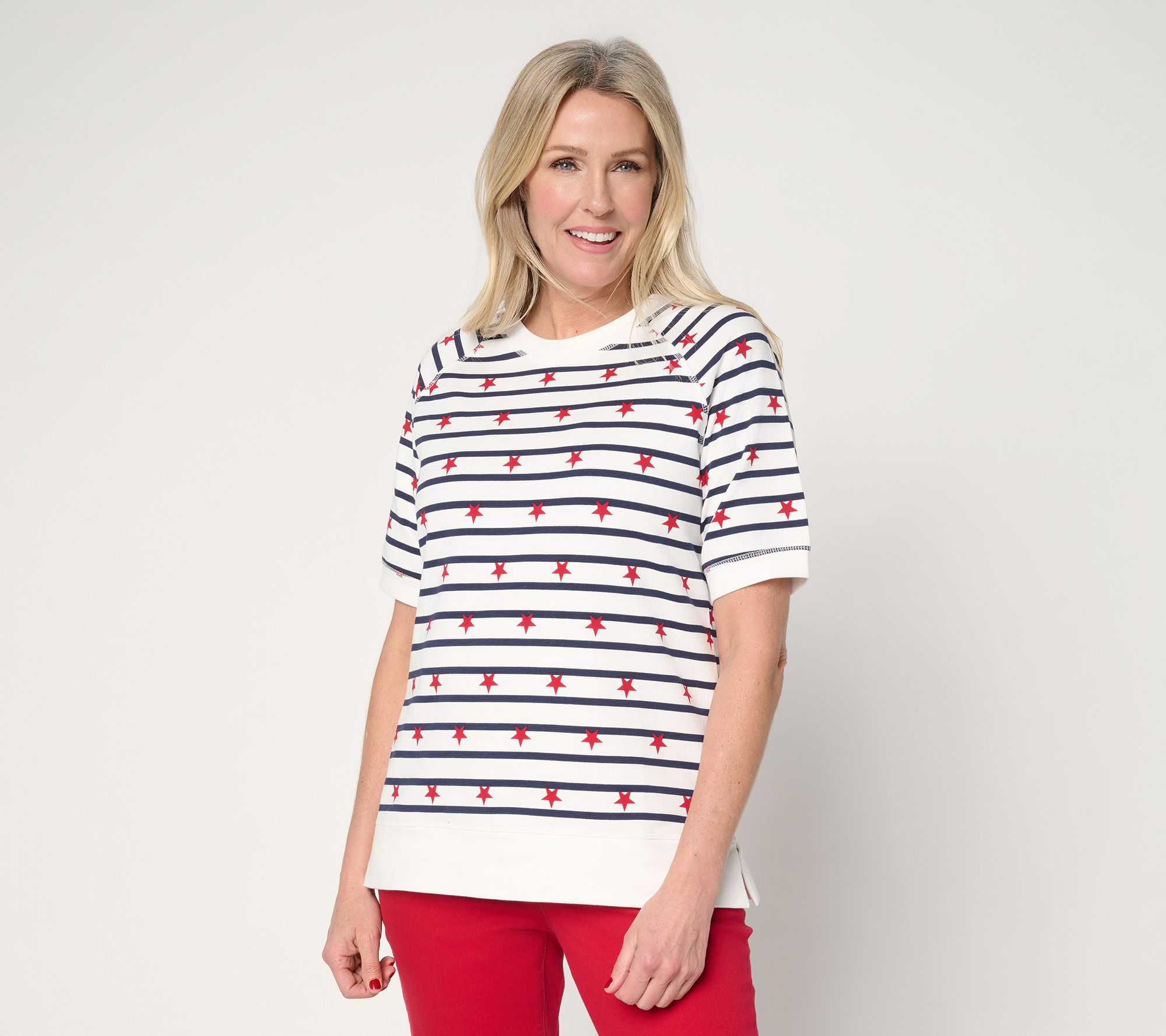 "As Is" Belle by Kim Gravel French Terry Stars Short Slv Striped Top