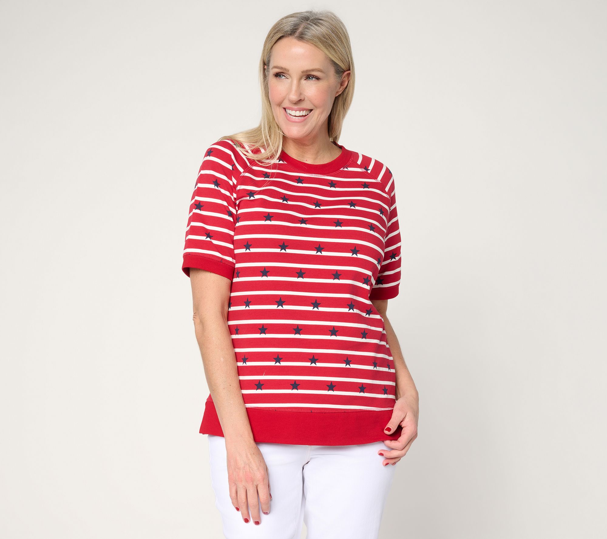"As Is" Belle by Kim Gravel French Terry Stars Short Slv Striped Top