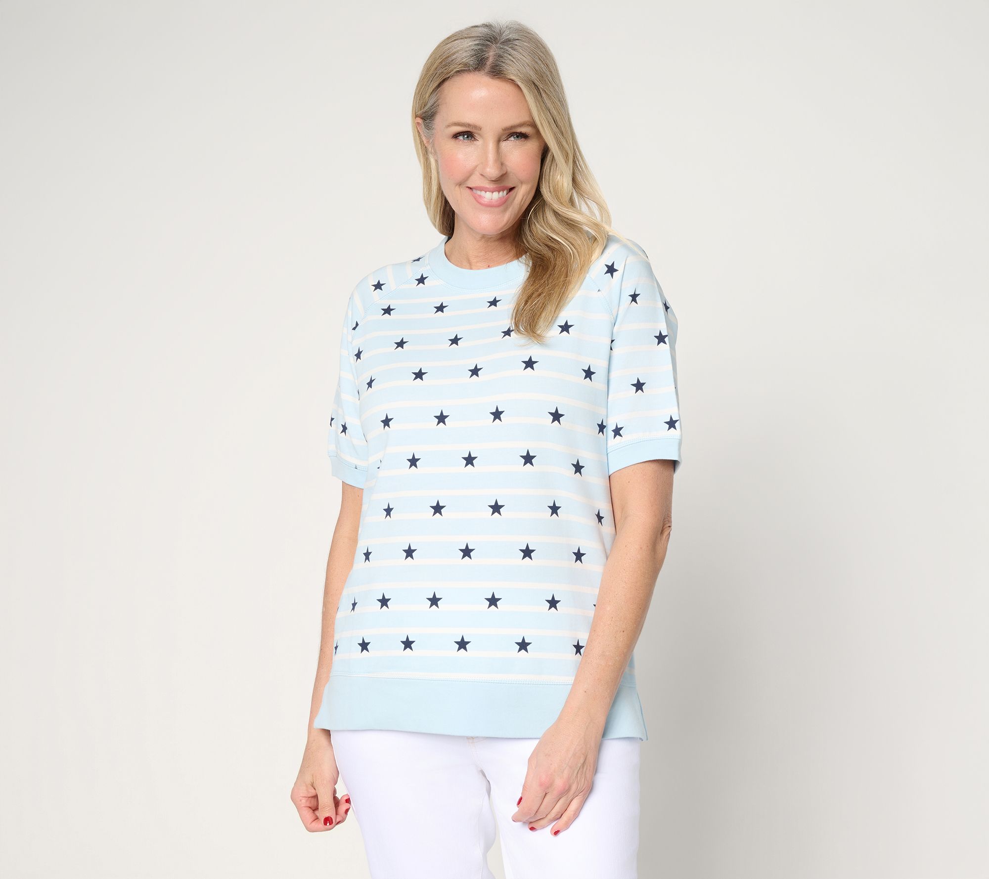 "As Is" Belle by Kim Gravel French Terry Stars Short Slv Striped Top