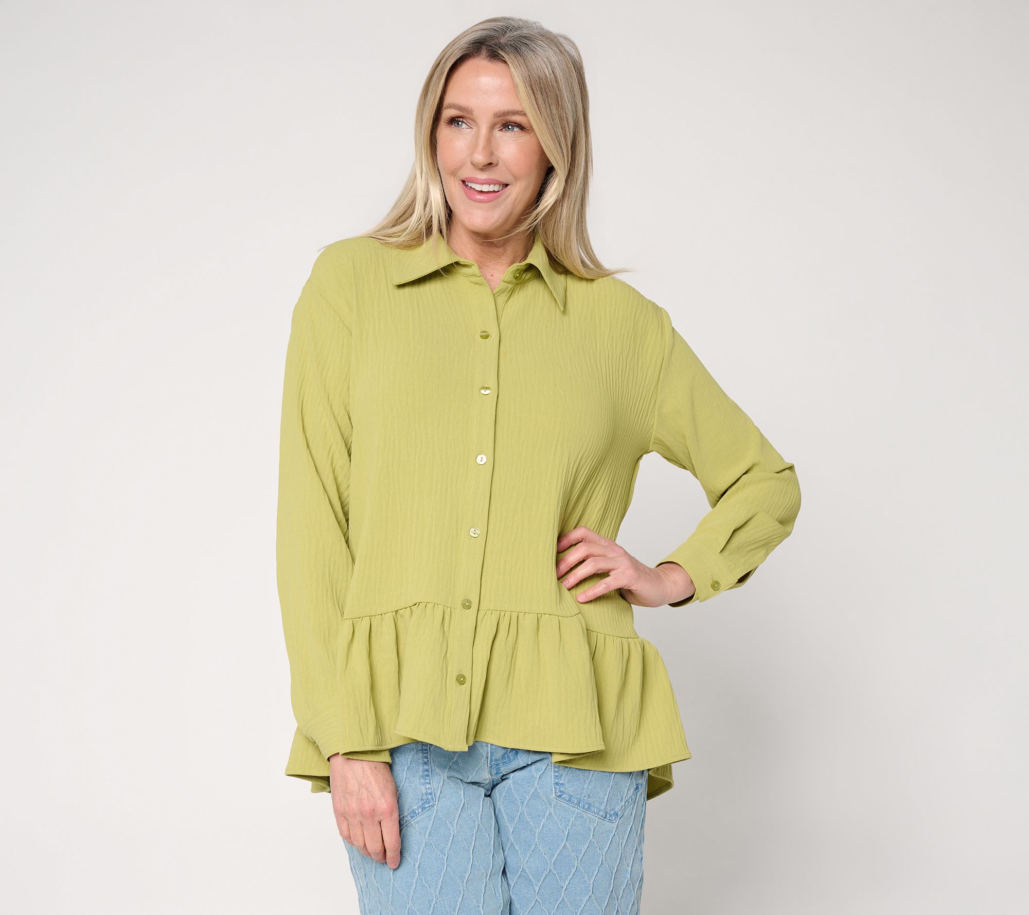 "As Is" Women with Control Textured Woven Ruffle Top