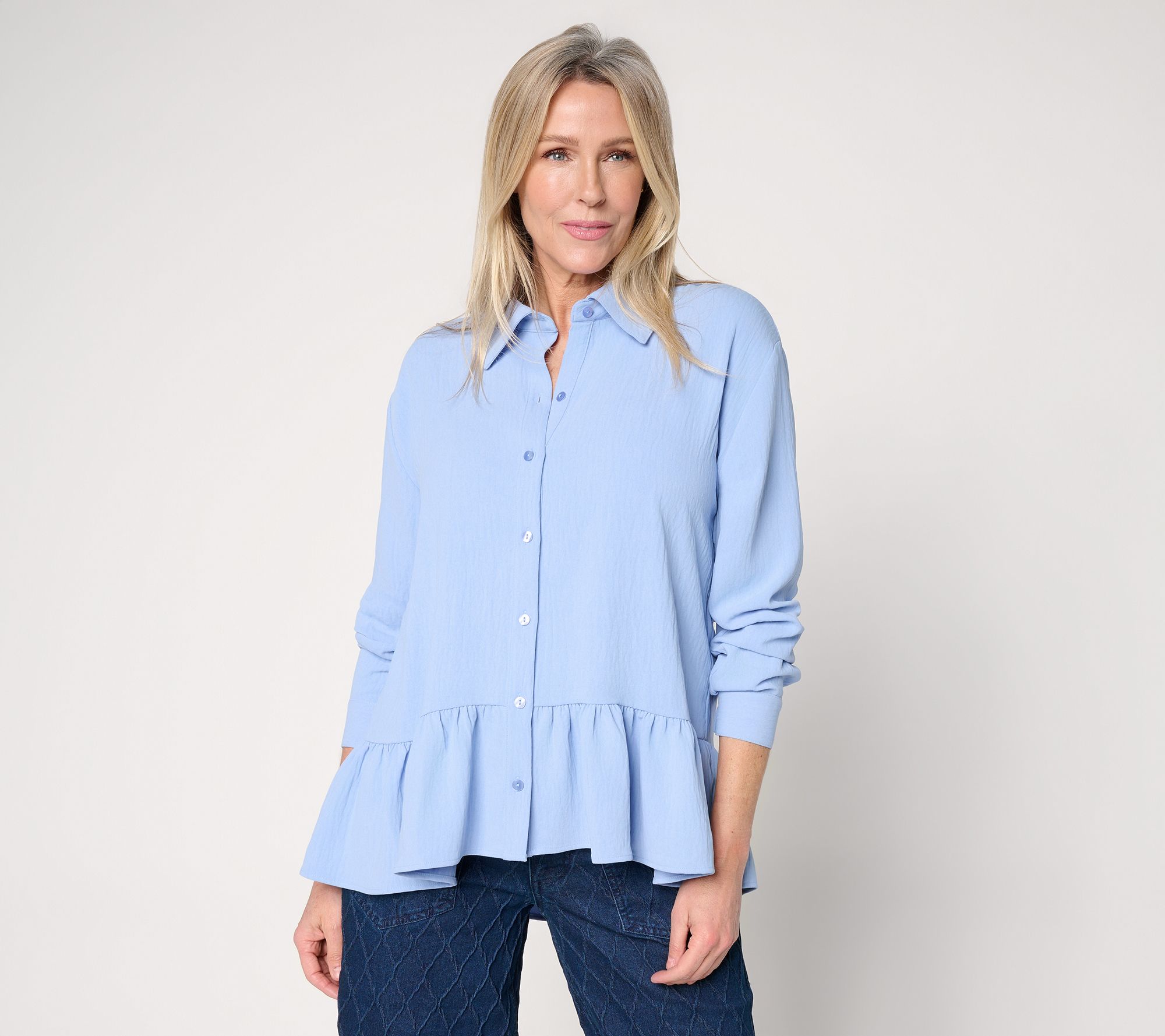 "As Is" Women with Control Textured Woven Ruffle Top