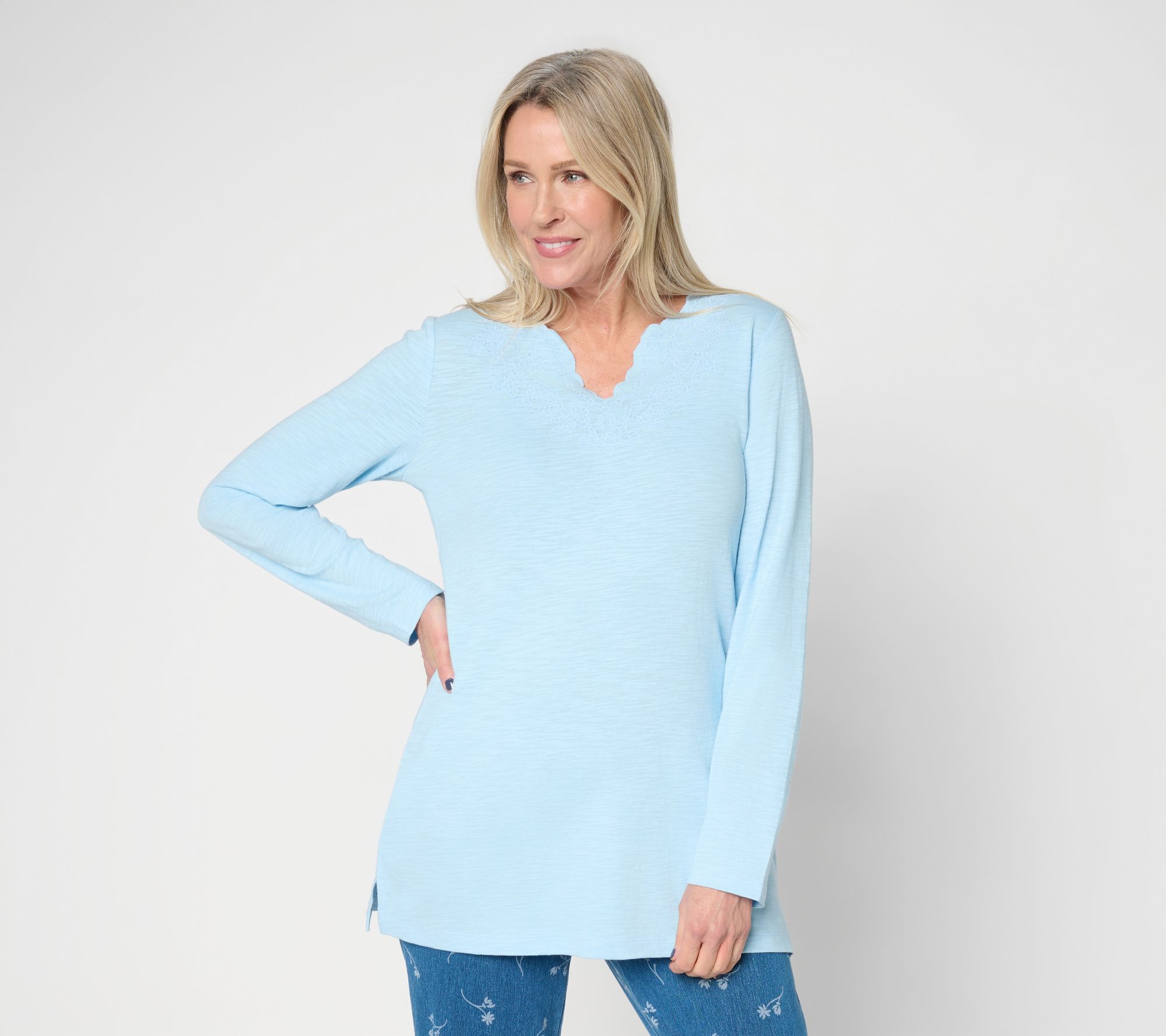 "As Is" Denim & Co. Petite Textured Cotton Embroidered Tunic