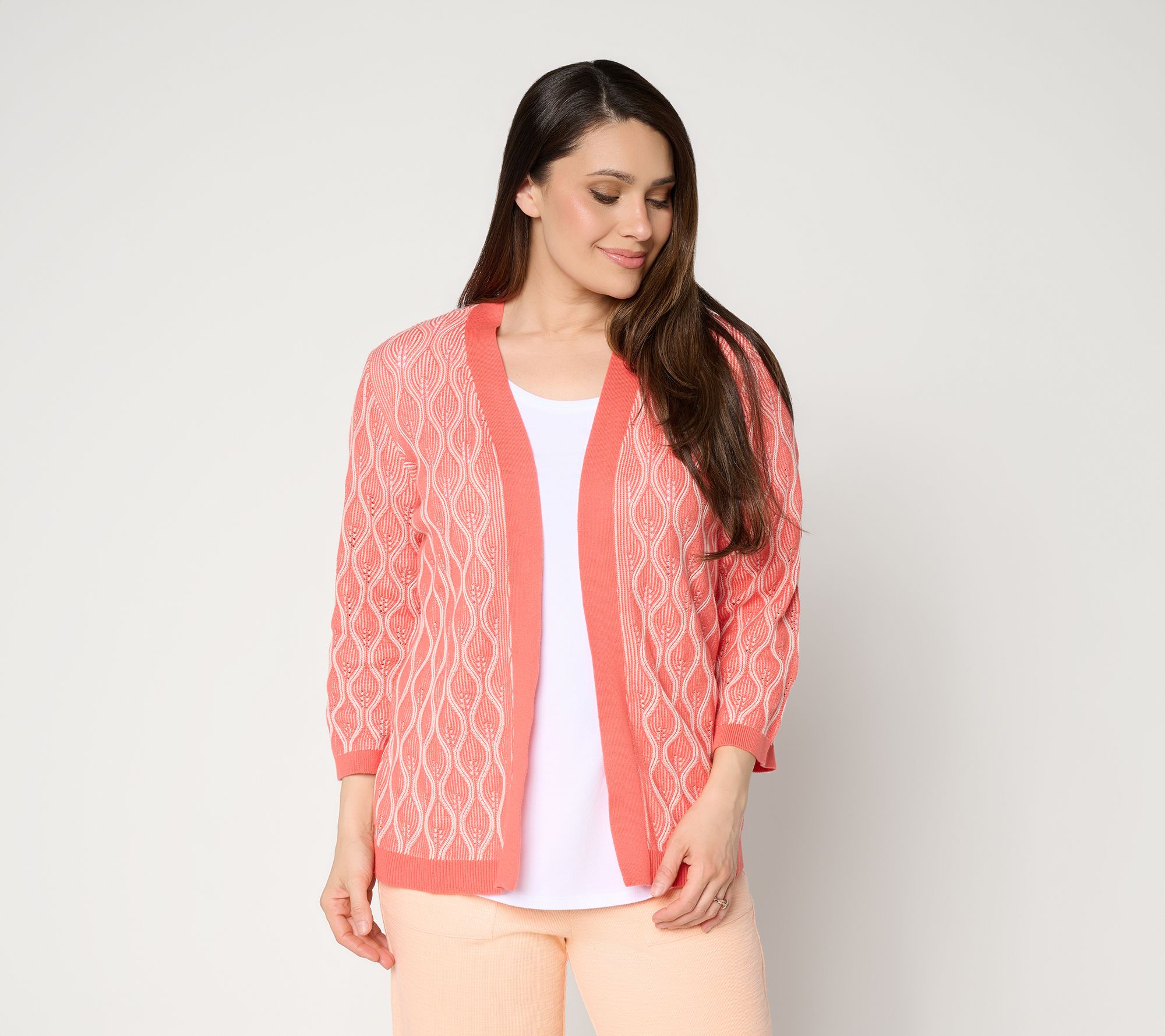 "As Is" Susan Graver Jacquard Open Front Bell Sleeve Cardigan