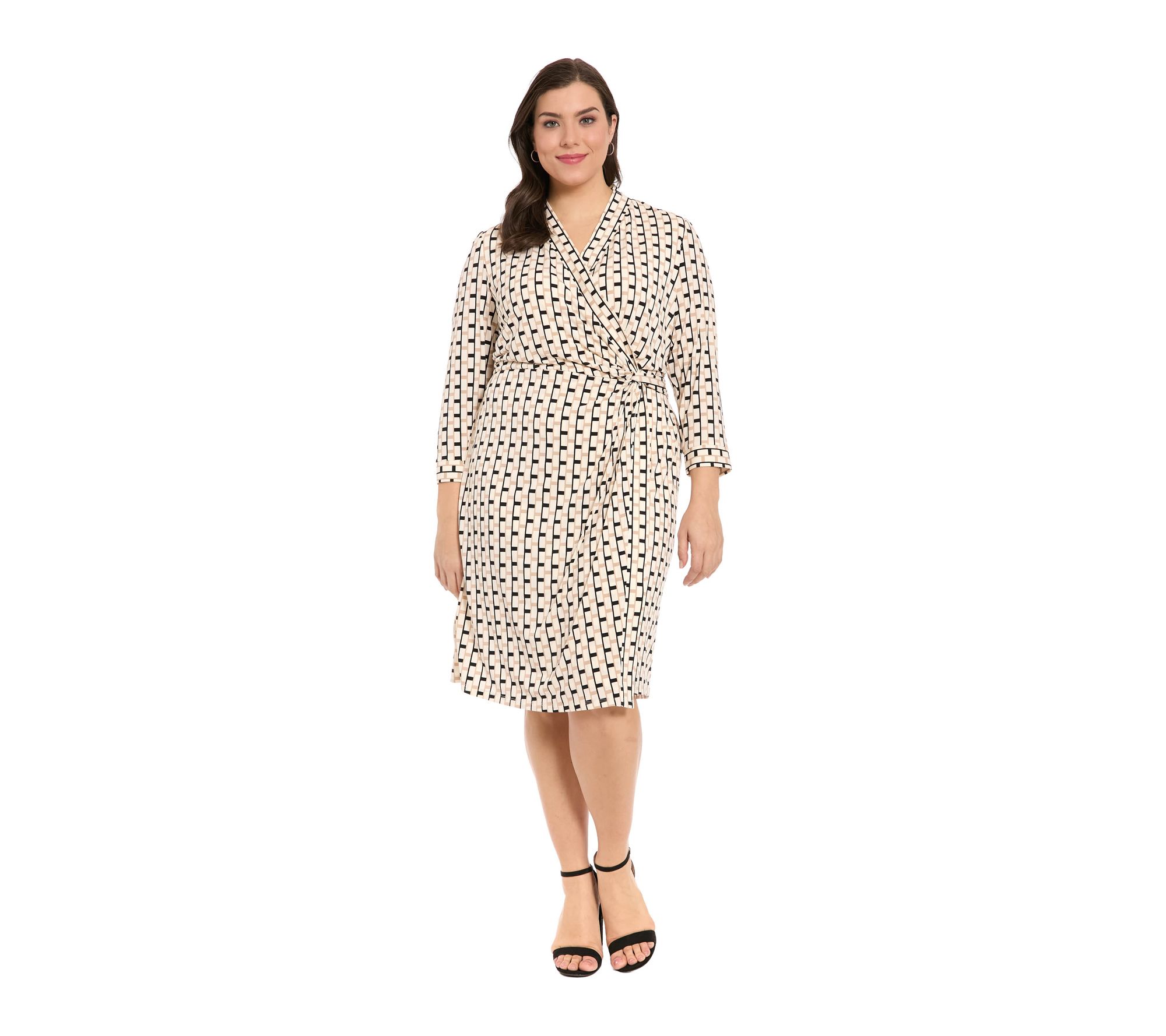 London Times Plus 3/4 Sleeve Faux Wrap Dress