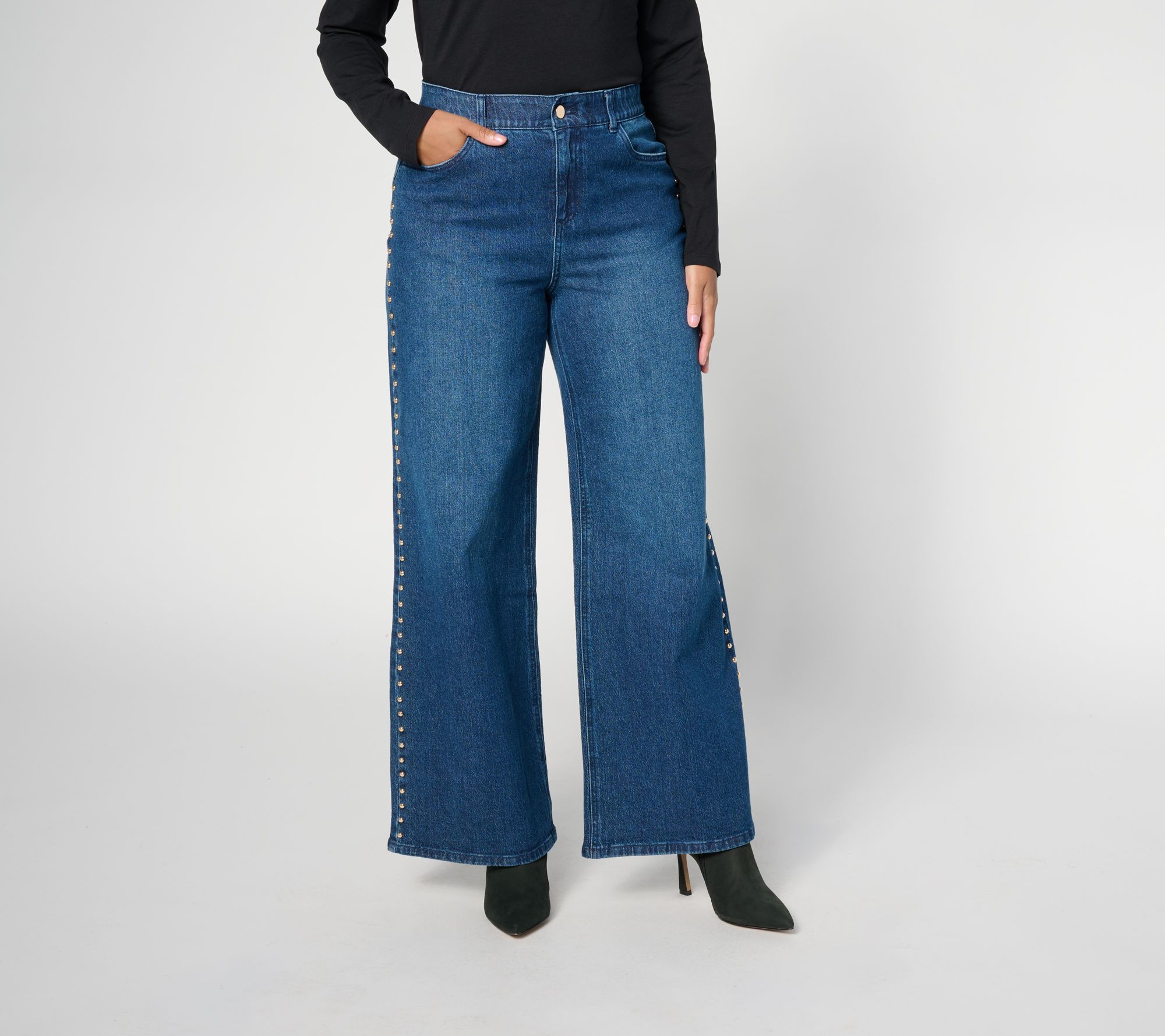 Off Duty Regular Knit Denim Straight Leg Studded Jeans