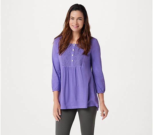 LOGO by Lori Goldstein Knit Top with Button Front Lace Placket