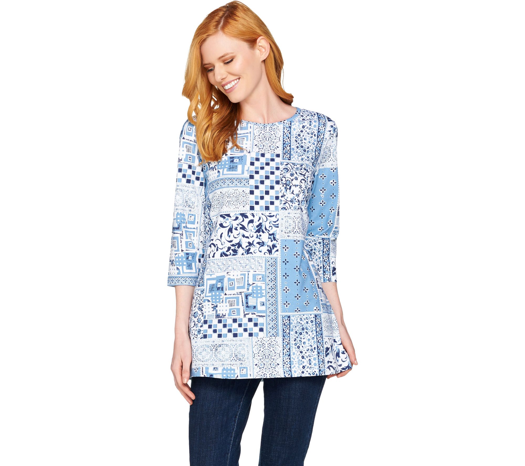 Denim & Co 3/4 Sleeve Patchwork Print Tunic Top with Side Slits - Page ...