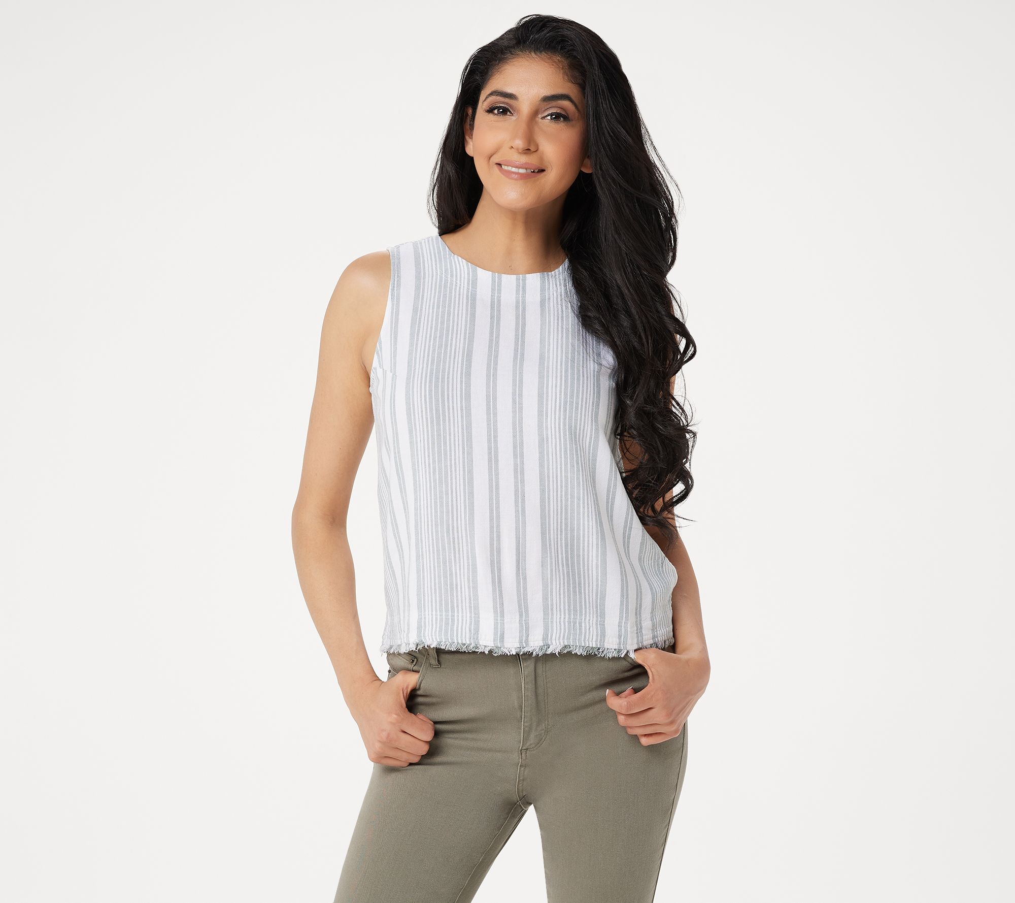 Side Stitch Sleeveless Striped Linen Blend Top with Button Detail - QVC.com