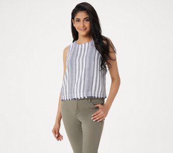 Side Stitch Sleeveless Striped Linen Blend Top with Button Detail - A350103