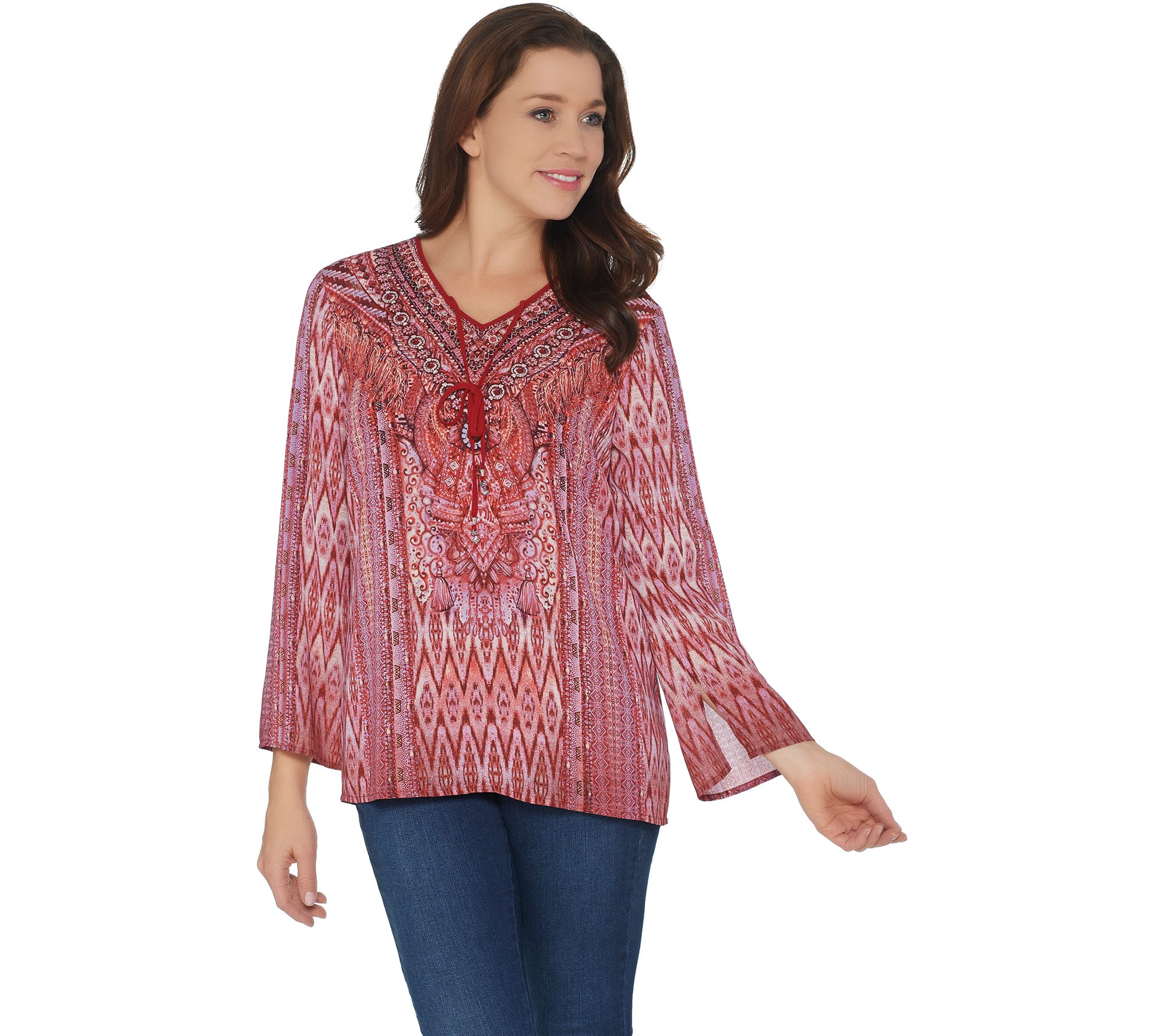 Belle by Kim Gravel Printed Blouse with Beaded Tassels - QVC.com