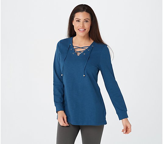 Denim & Co. Active Petite Textured French Terry Lace Up Tunic