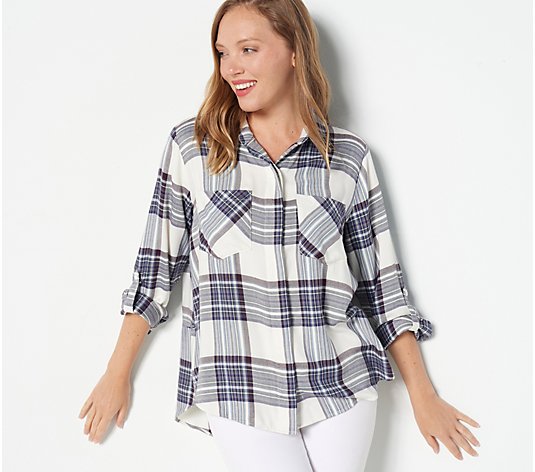 Side Stitch Super-Soft Brushed Plaid Button-Down Top with Split Back