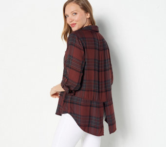 Side Stitch Super-Soft Brushed Plaid Button-Down Top with Split Back