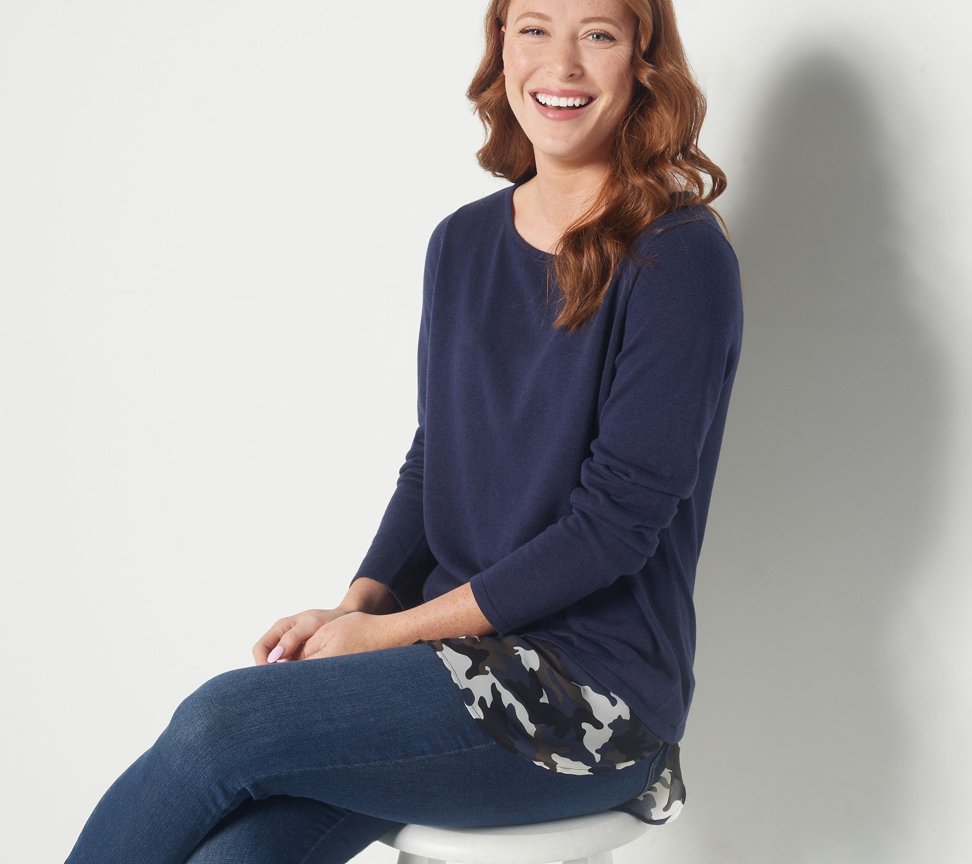 "As Is" Belle by Kim Gravel Bateau Neck Sweater with Woven Print Hem