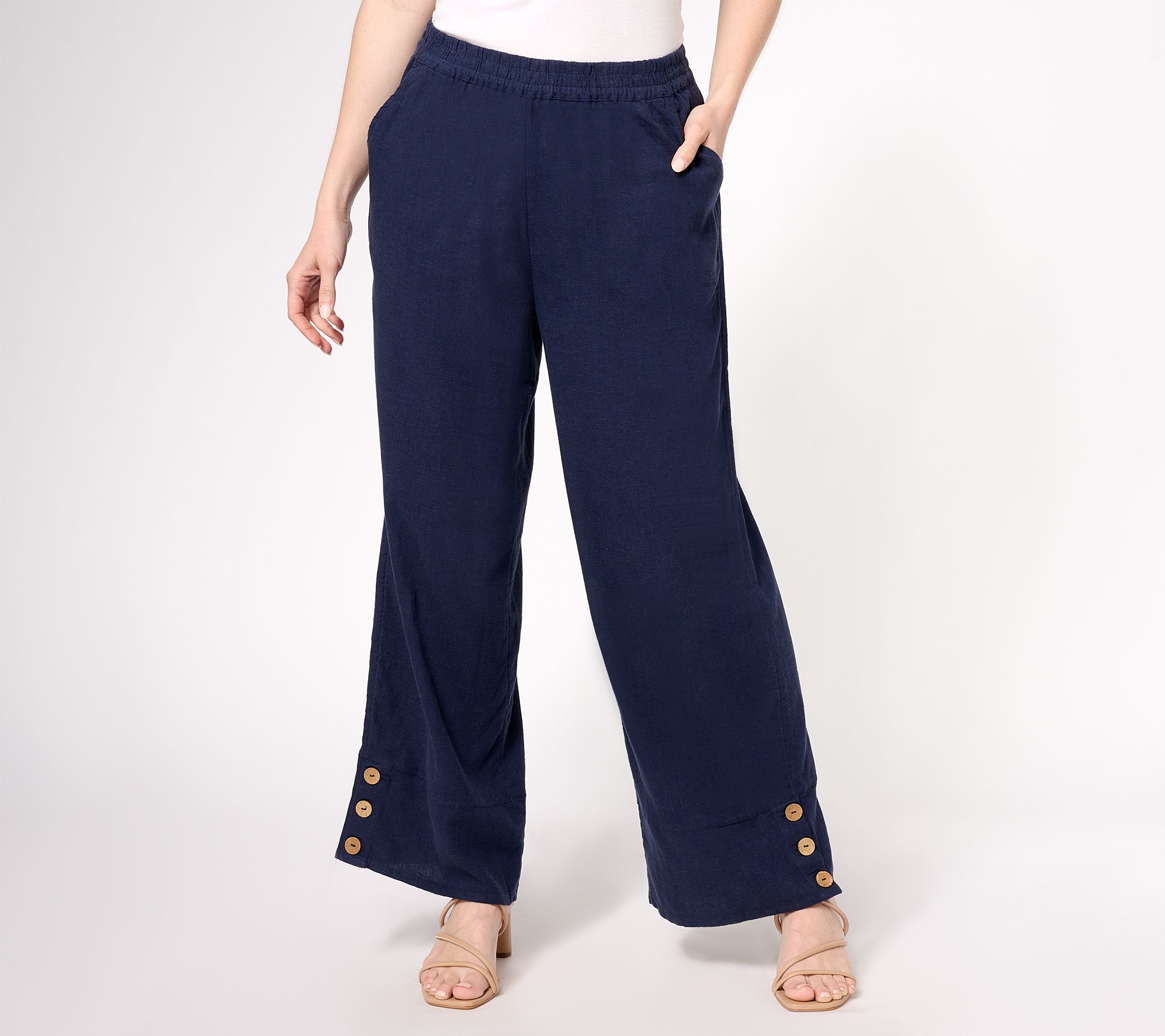 Denim & Co. Naturals Petite Linen Blend Side Button Ankle Pants