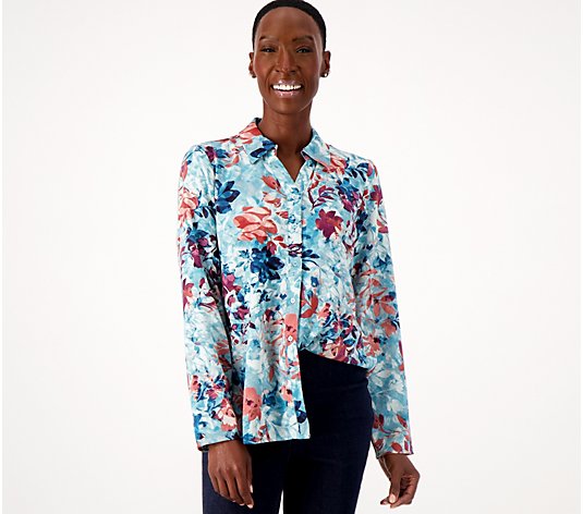 Denim & Co. Printed Stretch Woven Button Front Shirt