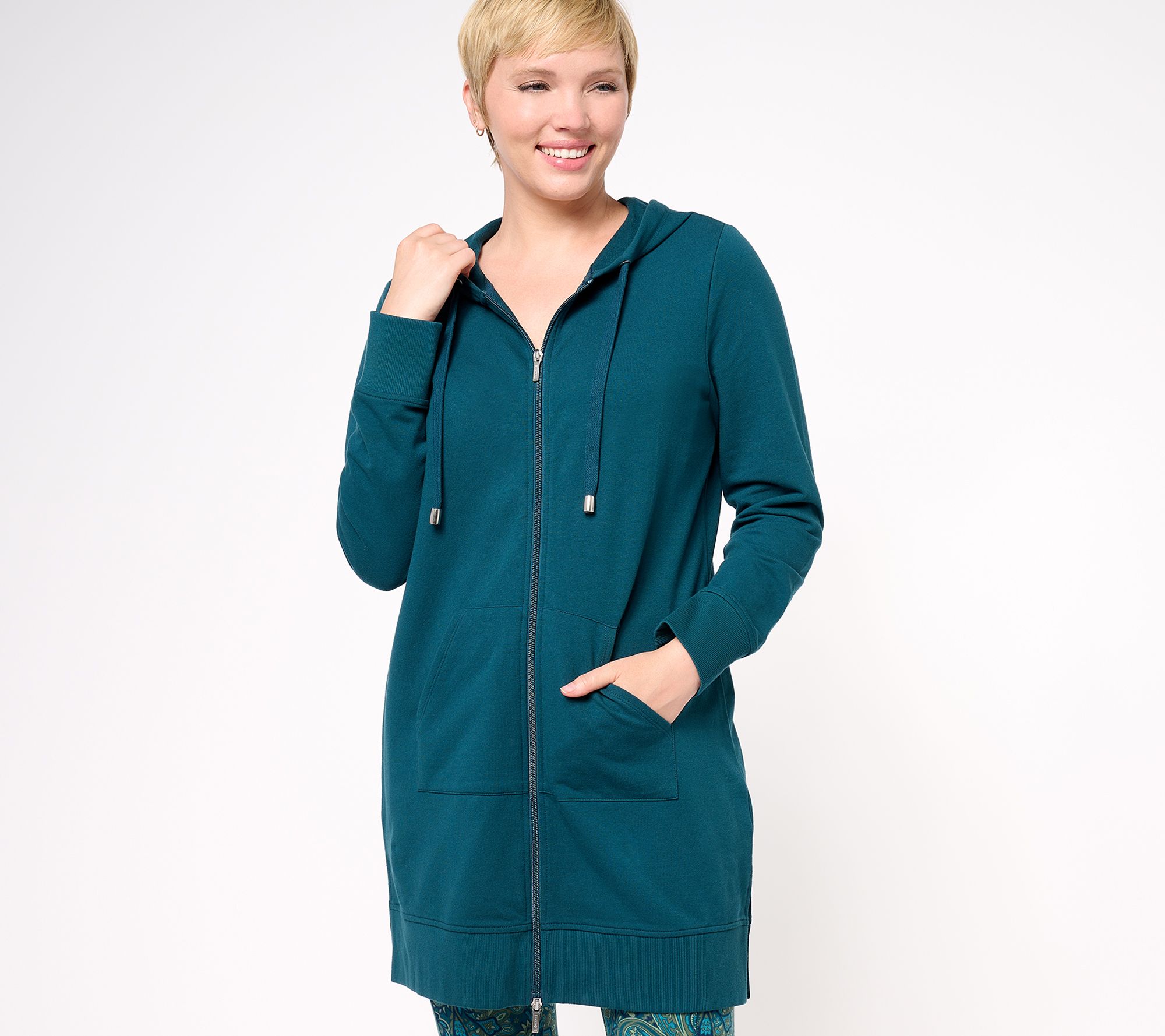 Denim & Co. Active French Terry Petite Hooded ZipFront Tunic Jacket